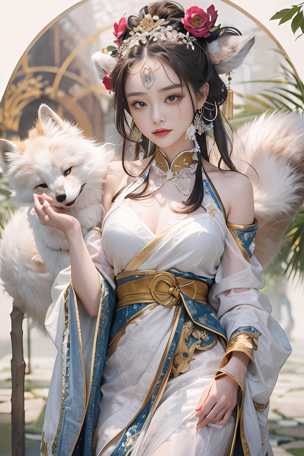 Ancient Chinese beauties sit on stones，（The beauty has fox ears on her head：1.6），(Cocked buttocks，Raised sexy，big breasts beautiful，perfect hourglass figure：1.3)，wearing ancient Chinese costume，Flowing tulle，Light silk，Lazy posture，Feminine laughter，Holding a little white fox，large lotus leaf，lotuses，clean color，Decisive cut，Leave white space，impressionistic，tmasterpiece，ultra-detailliert，Clear facial features，Epic composition, high-quality photo, HighestQuali, 4K