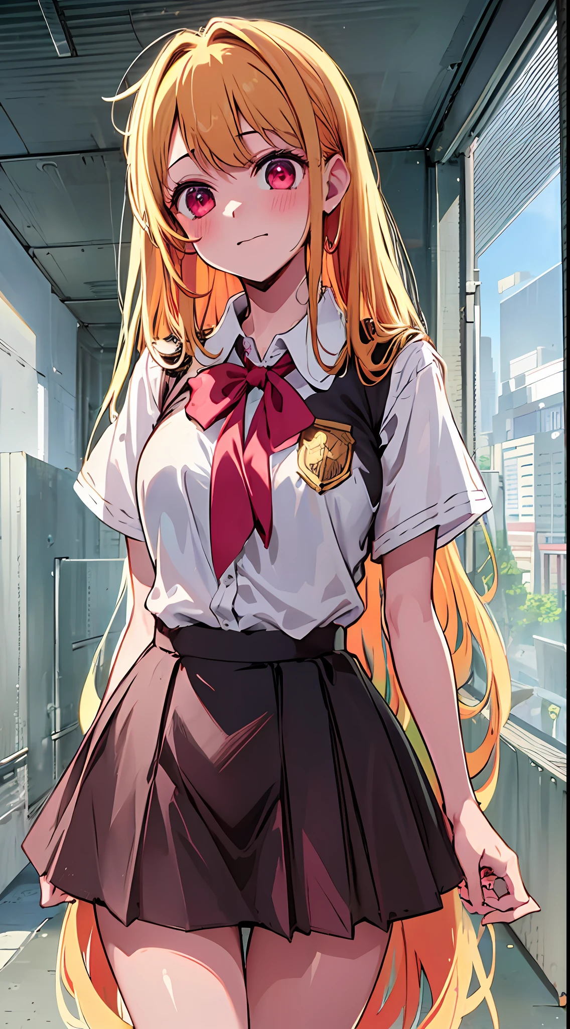 main girl is beautiful and cute, "neat and bright uniform coordination", full body, full body illustration, best illustration, , realistic and elaborate uniform, high school uniform, ((highest quality)), ((masterpiece)), (detail: 1.4), anatomical, award-winning concept art, beautiful, fine details, portrait, look viewer, (full body view)), 1 girl, full body, solo, 6 years old, elementary schnt, child a, semi-long hair, red and pyes, large eyes, the pupil of the left eye is star-shaped, characteristic pupil of the left eye, pupil of the left eye clear, pupil of the left eye detailed, dark brown blazer, maroon sweater, long checked skirt, dark green and maroon skirt, black hyso, orange large ribbon, white blouse, underwear, panties, skirt, white panties, wet, shirt, wet clothes, skirt lift, blush, classroom, navel,lift under chest, clothing lift, easy background, lifting clothes, uniform, Japan cute school uniform, blazer, look away, short sleeve, loli, skinny, elementary, loli, baby face, cute, young appearanc fantastic visual depictio profeffects, beautiful girl, petite girl, sweaty transparent clothes, unevenness, absurdity, Heel up loafelden hair, red and pink eyes, the main girl is beautiful and cute