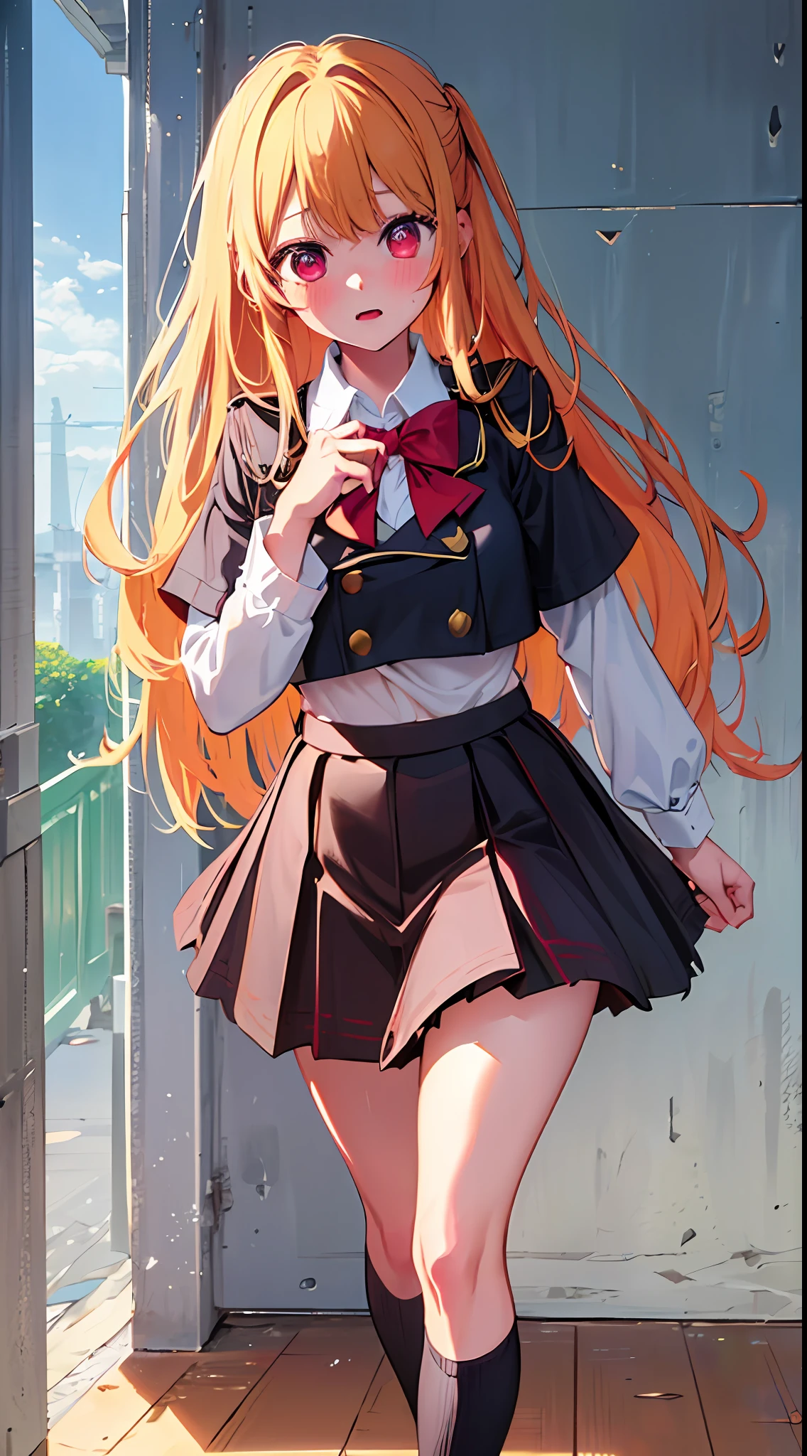 main girl is beautiful and cute, "neat and bright uniform coordination", full body, full body illustration, best illustration, elementary school student, realistic and elaborate uniform, high school uniform, ((highest quality)), ((masterpiece)), (detail: 1.4), anatomical, award-winning concept art, beautiful, fine details, portrait, look viewer, (full body view)), 1 girl, full body, solo, 6 years old, elementary school student, child actor, golden hair, blonde, semi-long hair, red and pink eyes, large eyes, the pupil of the left eye is star-shaped, characteristic pupil of the left eye, pupil of the left eye clear, pupil of the left eye detailed, dark brown blazer, maroon sweater, long checked skirt, dark green and maroon skirt, black hyso, orange large ribbon, white blouse, underwear, panties, skirt, white panties, wet, shirt, wet clothes, skirt lift, blush, classroom, navel,lift under chest, clothing lift, easy background, lifting clothes, uniform, Japan cute school uniform, blazer, look away, short sleeve, ****, skinny, elementary, ****, baby face, cute, young appearance, fantastic visual depiction, professional effects, beautiful girl, petite girl, sweaty transparent clothes, unevenness, absurdity, Heel up loafers, golden hair, red and pink eyes, the main girl is beautiful and cute