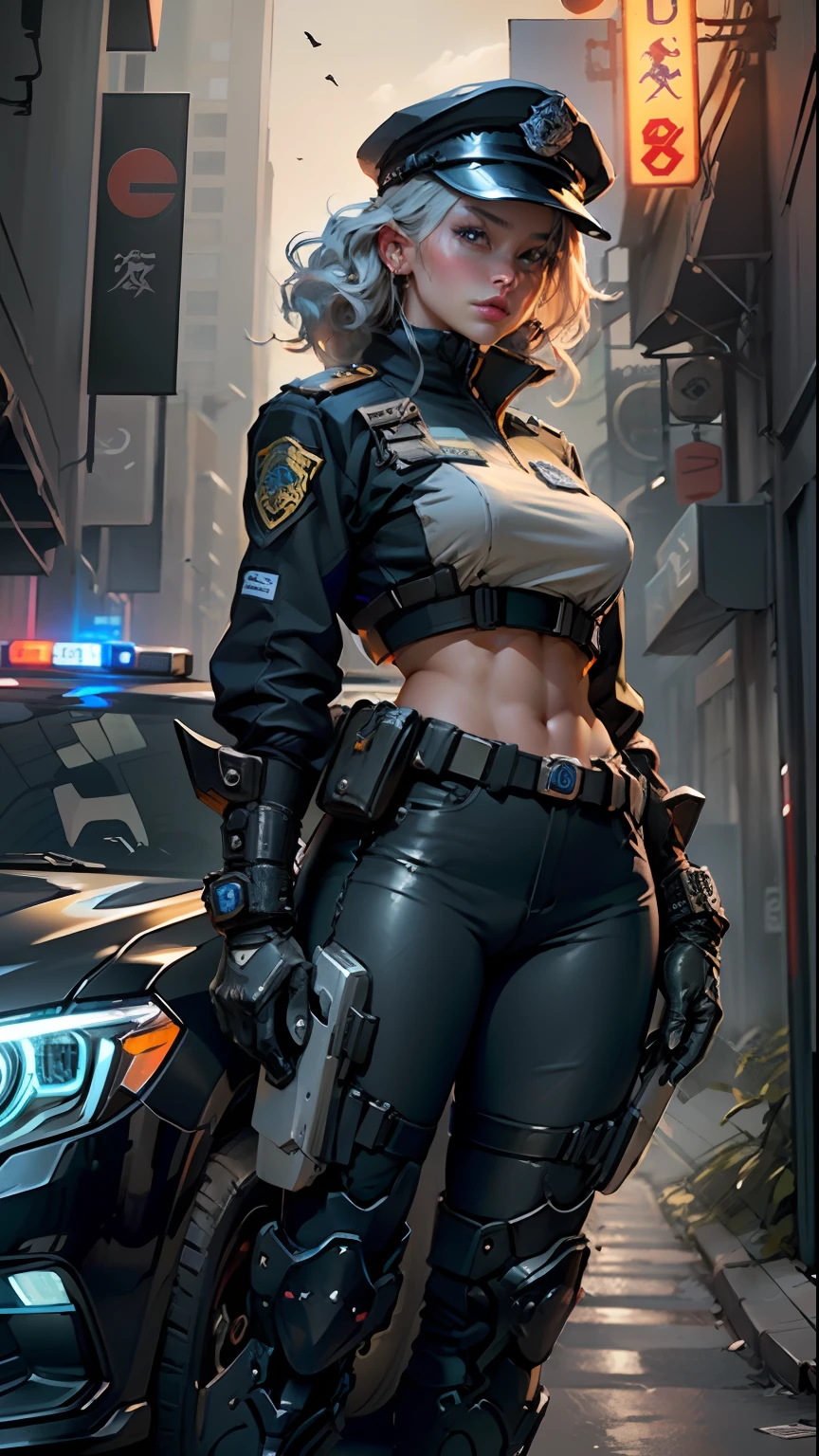 Highest image quality,Outstanding details,超高分辨率,The police of the future,She wears a futuristic SWAT uniform,She stood in front of the police car,Very sexy,Robust body,Sexy and robust,Detailed abs,Detailed muscle lines,dynamicposes,the night,Future city street view background,neonlight,sense of science and technology,future-tech,Very detailed cyberpunk style,cyber punk perssonage,Highly detailed police uniforms,Highly detailed police cap,Highly detailed police force,Highly detailed police badge,Highly detailed armbands,Highly detailed police strips,Highly detailed epaulettes,wear police cap,Highly detailed electric batons,Highly detailed guns,The gun of the future,intercom,Wireless devices,Highly detailed handcuffs,Highly detailed police equipment,Highly detailed police car,Future police car,frontage,Full body photo,Look from the bottom up,look from down, looki at viewer,mechs