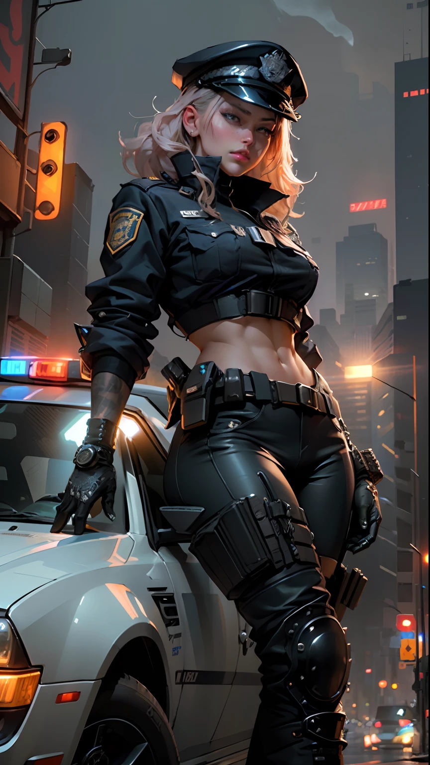 Highest image quality,Outstanding details,超高分辨率,The police of the future,She wears a futuristic SWAT uniform,She stood in front of the police car,Very sexy,Robust body,Sexy and robust,Detailed abs,Detailed muscle lines,dynamicposes,the night,Future city street view background,neonlight,sense of science and technology,future-tech,Very detailed cyberpunk style,cyber punk perssonage,Highly detailed police uniforms,Highly detailed police cap,Highly detailed police force,Highly detailed police badge,Highly detailed armbands,Highly detailed police strips,Highly detailed epaulettes,wear police cap,Highly detailed electric batons,Highly detailed guns,The gun of the future,intercom,Wireless devices,Highly detailed handcuffs,Highly detailed police equipment,Highly detailed police car,Future police car,frontage,Full body photo,Look from the bottom up,look from down, looki at viewer,mechs