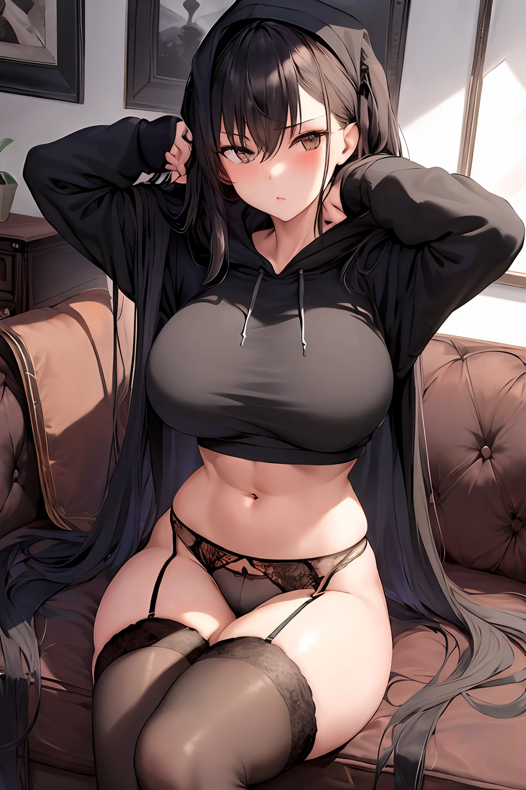 Masterpiece, 1 girl, black panties, garter straps, garter belt, black hoodie, oversized hoodie, black stockings, thigh highs, laying down, laying on couch, sleeves over hands, long hair, thick thighs, large breasts, toned stomach, toned arms, fit, lounging