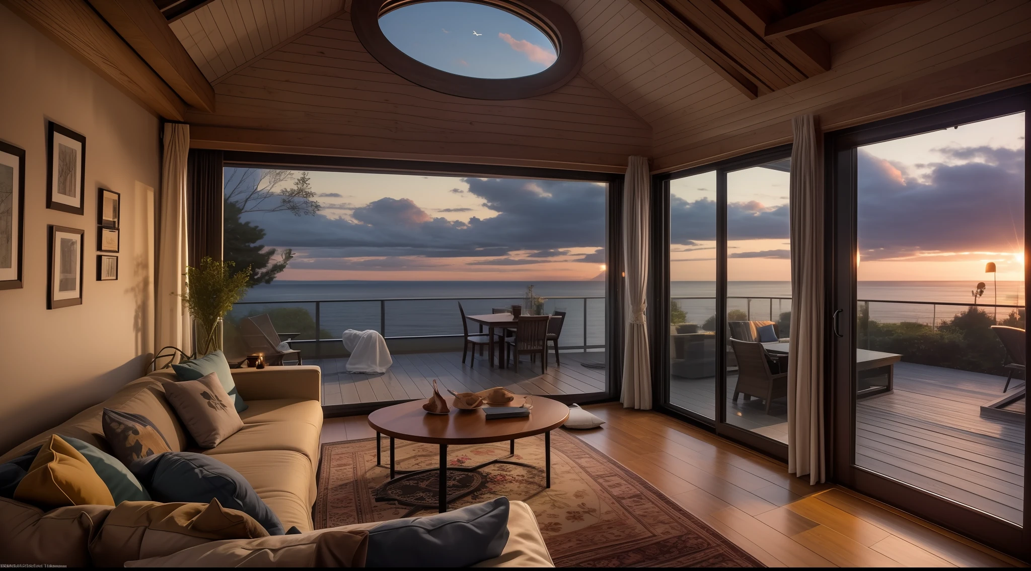 Living room of a cottage style house with a view of the sea starting to darken at summer dusk, Very realistic, photograph, Canon, Eye-Level Shot, first-person view, super detail, high details, high quality, 8k