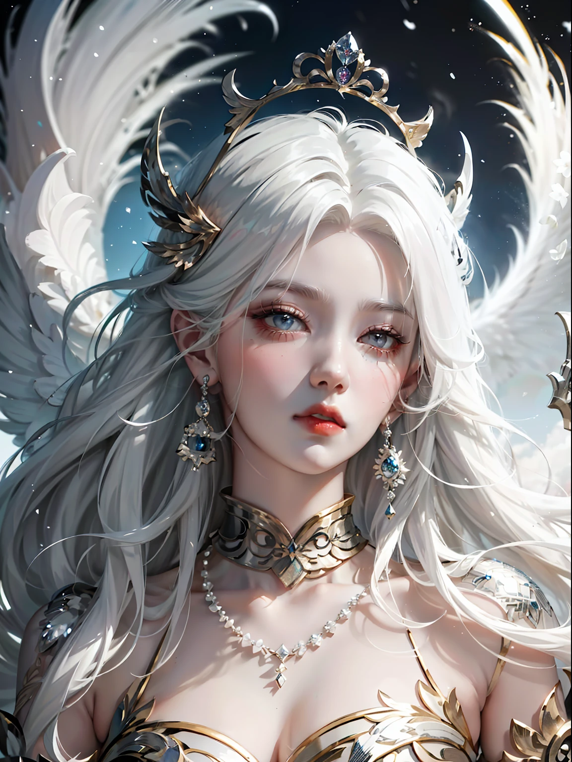 White-haired goddess,Wearing a diamond crown on his head,Wearing a pearl white dress,fresh flowers,Large winged Guviz,Guviz-style artwork,white-haired god,Yang J,Epic and beautiful character art,Stunning character art,FAN Qi,Wu Zhun Shifan,Guvitz at the Pixiv Art Station。