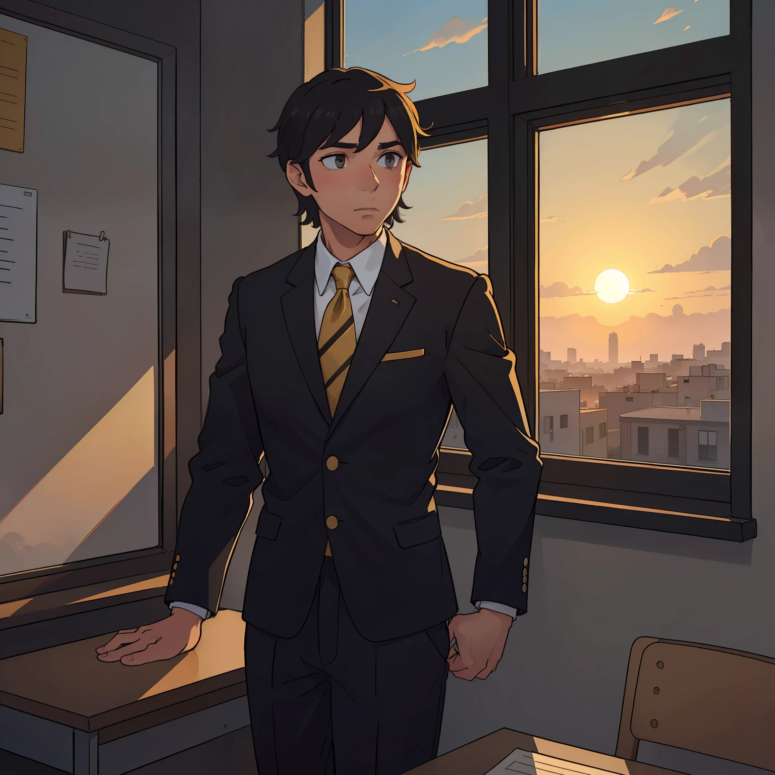 A male teacher gazes pensively out the window as the sun dips below the horizon, donning a sleek black and gold school teacher uniform.