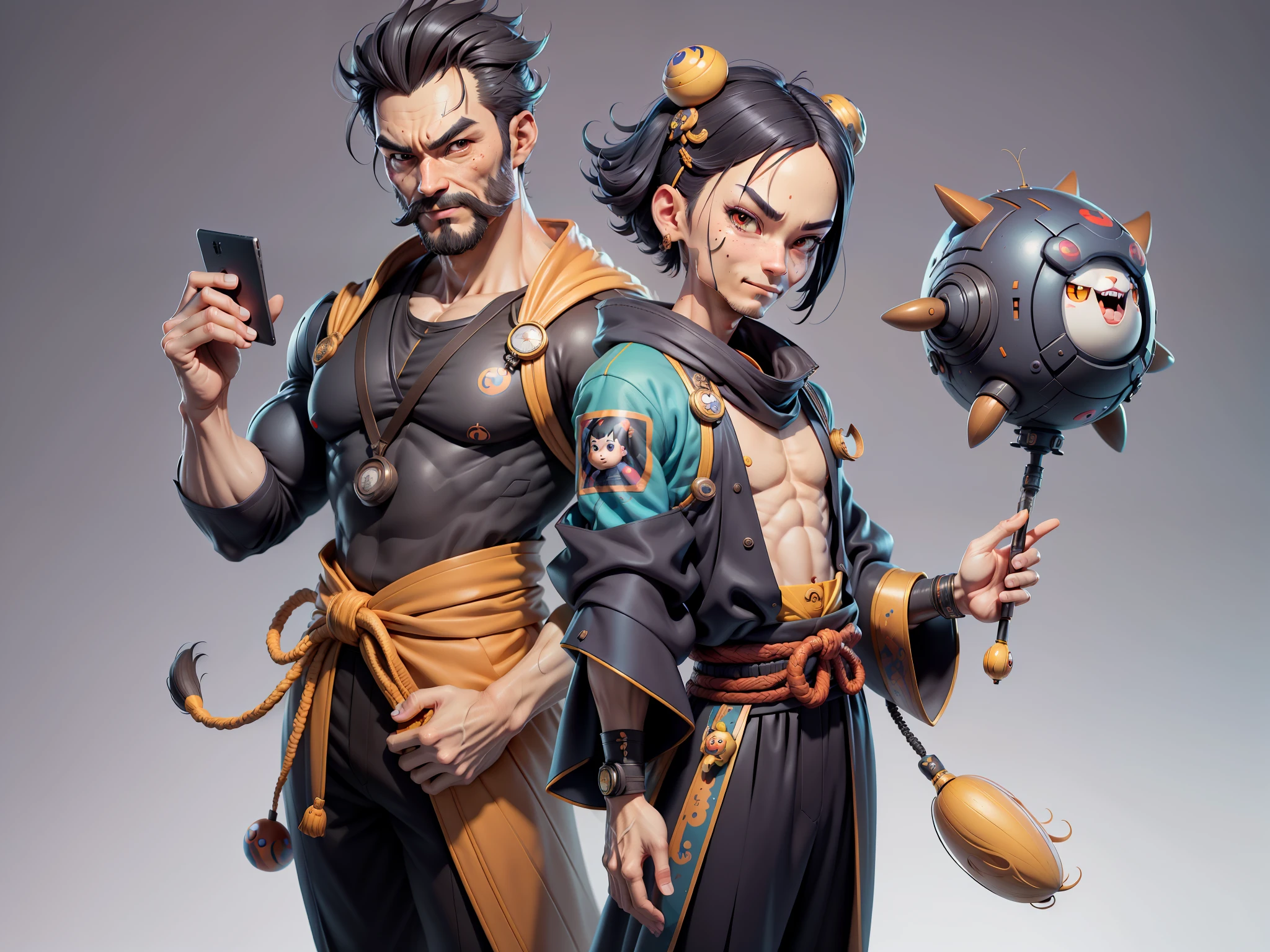 (Daisaku),(Need),(Super meticulous),(full bodyesbian:1.2),Super young man with Japanese geisha,Beautiful,orient,one tiger,Aeolian Thor,Raised sexy,爆乳,Oriental face,TV Anchor,Bust portrait illustration,In black suit,a blue tie,The face is slightly chubby,The face was clean,without a beard,Black super short hair,Black eyes,Smile confidently,3C computer sub-products,iPad, iphone,Digital painting,3D character design by Mark Clairen and Pixar and Hayao Miyazaki and Akira Toriyama,The illustration is a high-definition illustration in 4K resolution,With very detailed facial features and cartoon-style visuals。