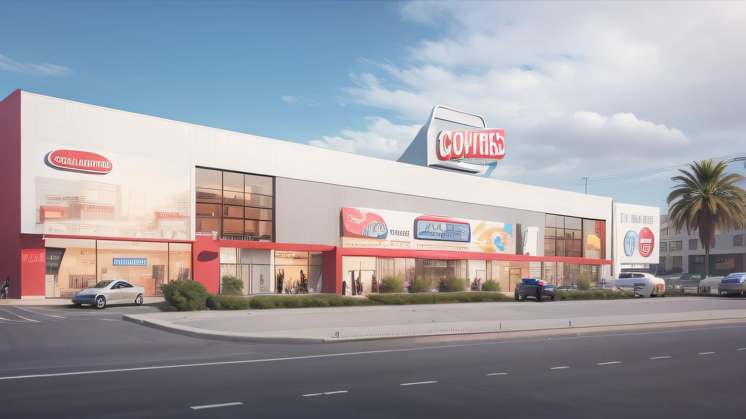 Modern commercial center, Add people, Add cars, Add billboards, Increase image quality, increase color contrast