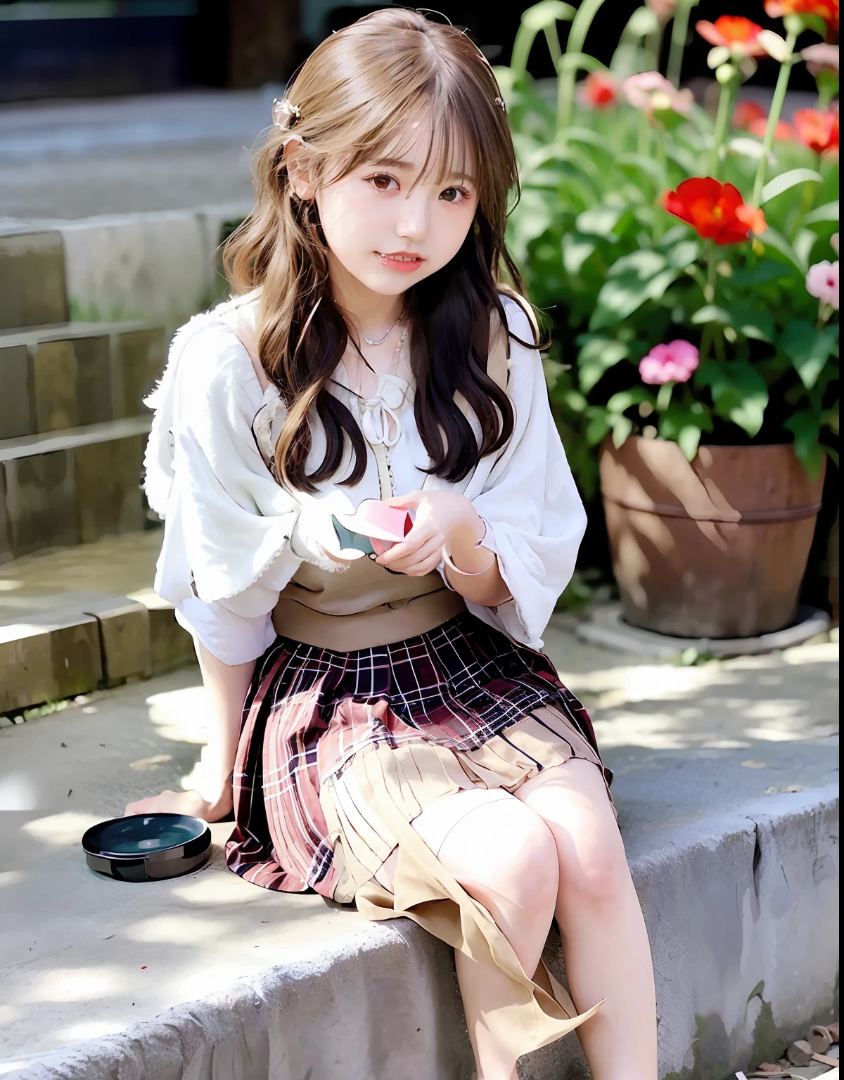 masterpiece, best quality, ultra high res, 1girl, (photorealistic:1.5), natural lighting, perfect artwork, portrait, beautiful, detailed y eyes, small breaung, detailed eyes, curly hair, light brown hair, cute, adorable, streaked hair, (aegyo sal:1), enchanting smile, necklace, full body, kpop idol, teen, Chine16 years old, n, red peony flower garden, peony, blossom, flower hair ornament, grass, pleated skirt, barefoot, white pleated skirt, skinny thigh