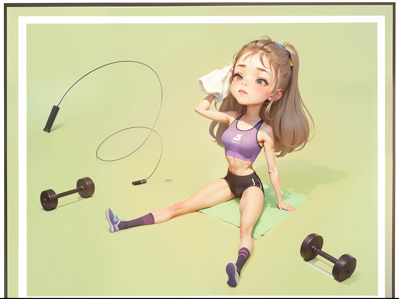A woman who has just finished exercising sits on the floor and wipes her sweat with a towel,On the ground were skipping ropes and dumbbells