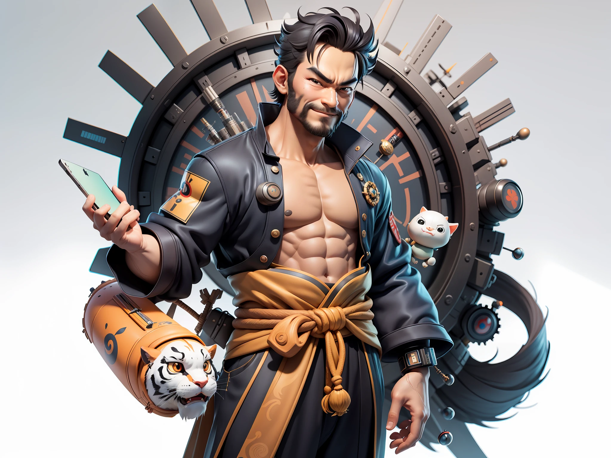 (Daisaku),(Need),(Super meticulous),(full bodyesbian:1.2),Super young man with Japanese geisha,Beautiful,orient,one tiger,Aeolian Thor,Raised sexy,爆乳,Oriental face,TV Anchor,Bust portrait illustration,In black suit,a blue tie,The face is slightly chubby,The face was clean,without a beard,Black super short hair,Black eyes,Smile confidently,3C computer sub-products,iPad, iphone,Digital painting,3D character design by Mark Clairen and Pixar and Hayao Miyazaki and Akira Toriyama,The illustration is a high-definition illustration in 4K resolution,With very detailed facial features and cartoon-style visuals。