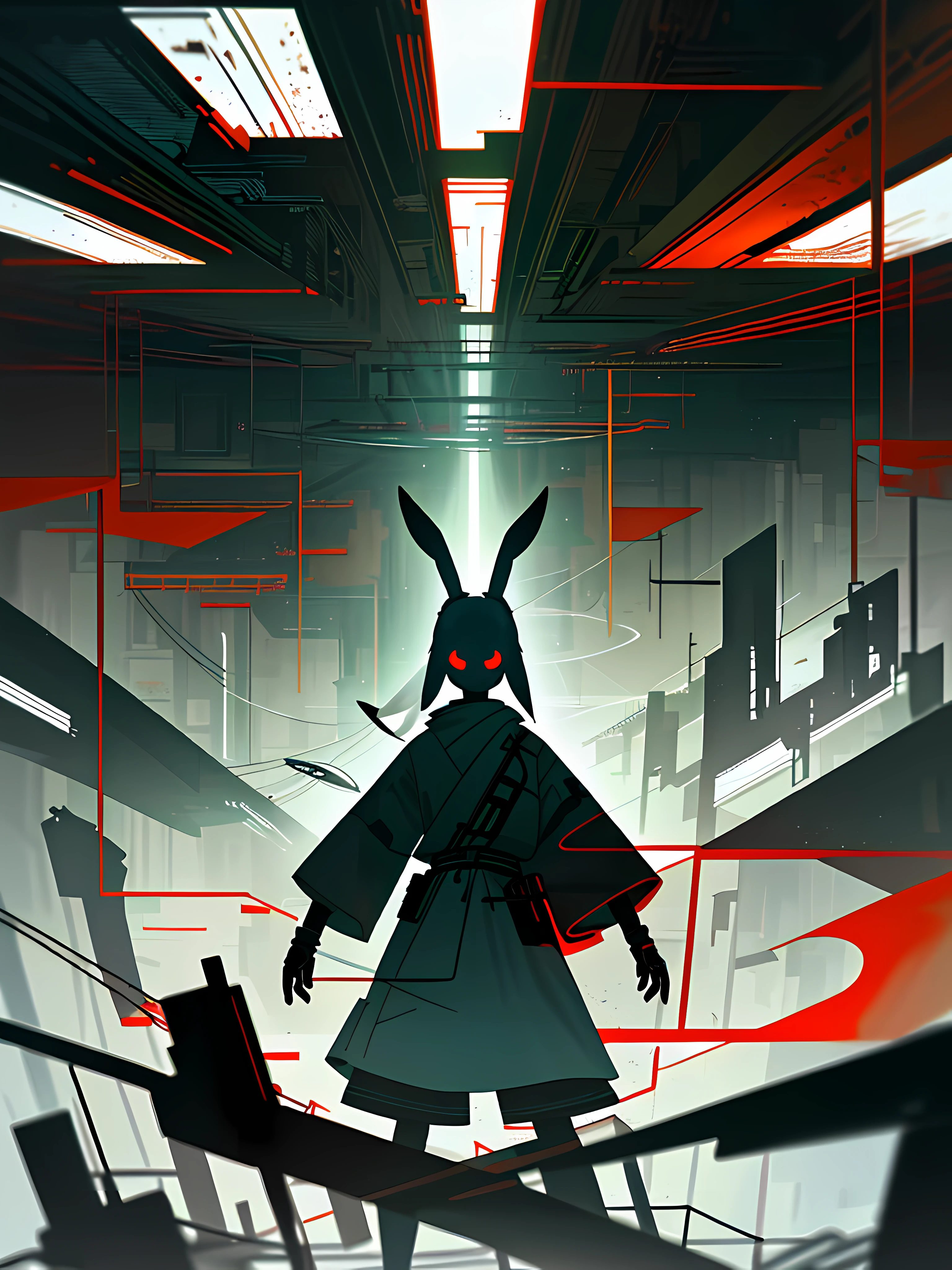 (blame! style abandoned tech landscape), (Zen, Amy Sol style), (underground, dark, foggy, perilous, abandoned dystopian apartment bedroom, deep windows), (abstract anthro rabbit figure wearing bunny ears), cover art with light abstraction, abstract, simple vector art, contemporary Cybernetic art, color gradients, soft color palettes, layered forms, whimsical animation, style Ethereal abstract, 4K, --v6