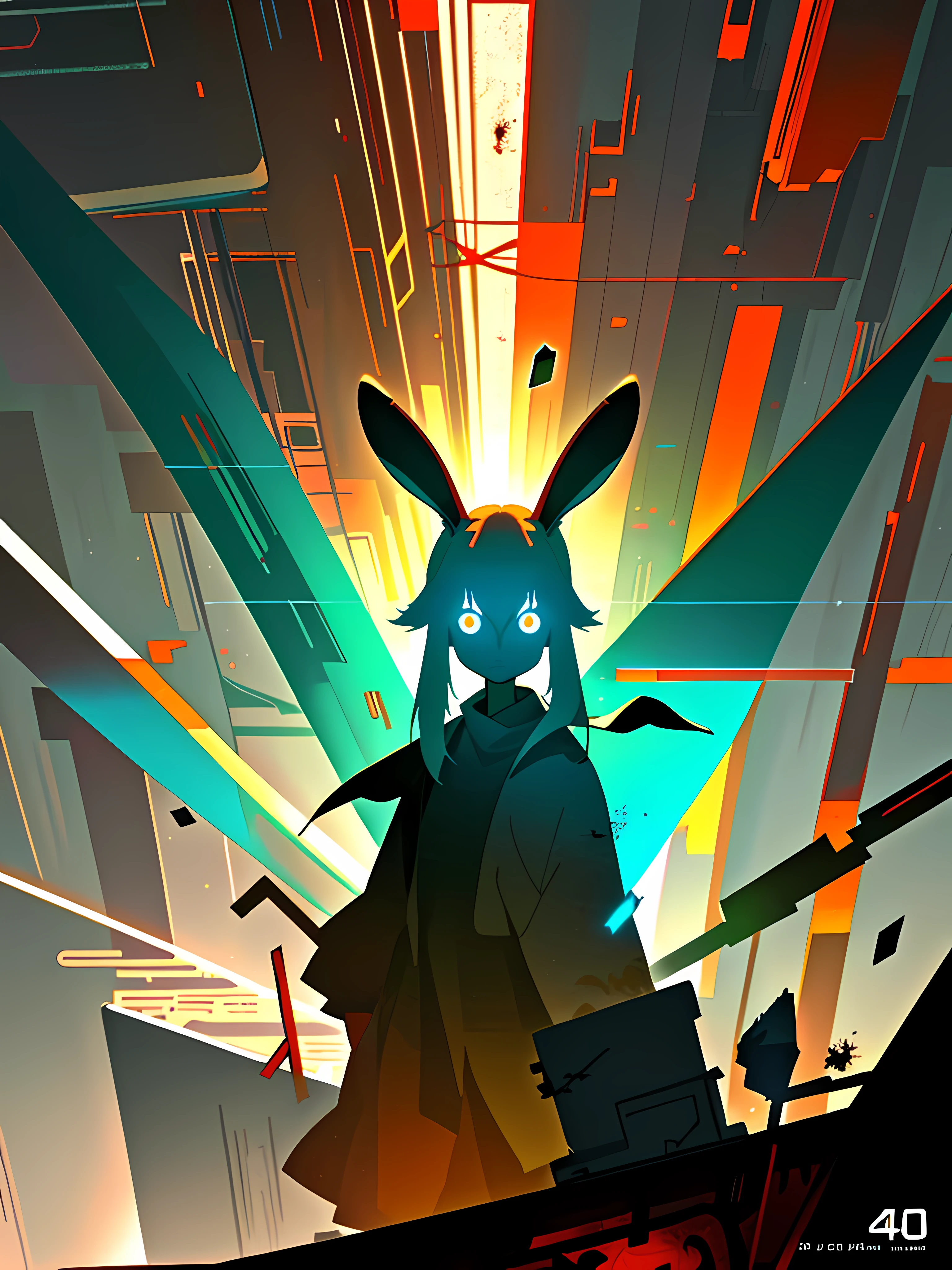 (blame! style abandoned tech landscape), (Zen, Amy Sol style), (underground, dark, foggy, perilous, abandoned dystopian apartment bedroom, deep windows), (abstract anthro rabbit figure wearing bunny ears), cover art with light abstraction, abstract, simple vector art, contemporary Cybernetic art, color gradients, soft color palettes, layered forms, whimsical animation, style Ethereal abstract, 4K, --v6