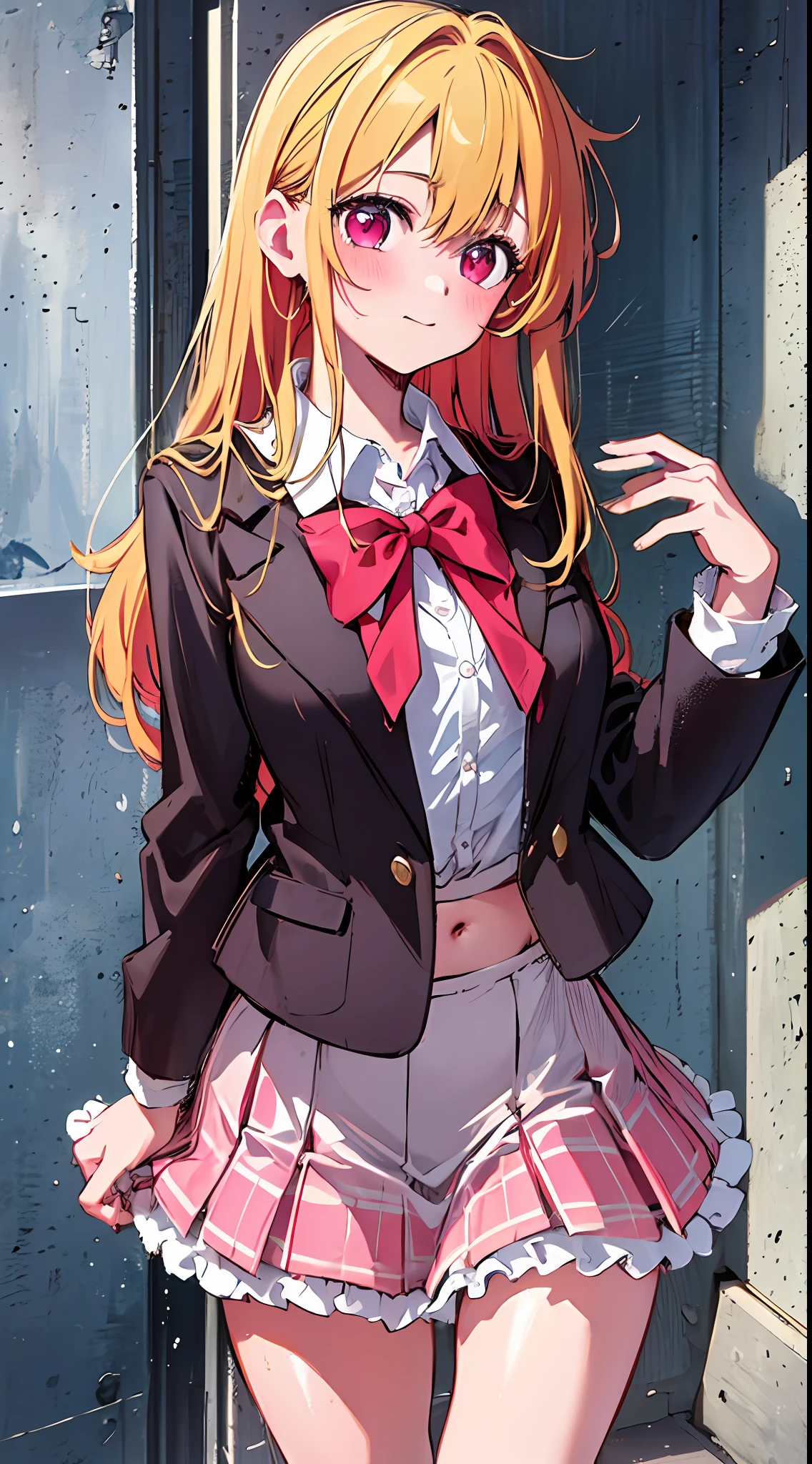 main girl is beautiful and cute, "neat and bright uniform coordination", full body, full body illustration, best illustration, elementary school student, realistic and elaborate uniform, high school uniform, ((highest quality)), ((masterpiece)), (detail: 1.4), anatomical, award-winning concept art, beautiful, fine details, portrait, look viewer, (full body view)), 1 girl, full body, solo, , elementary school student, child actor, golden hair, blonde, semi-long hair, red and pink eyes, large eyes, the pupil of the left eye is star-shaped, characteristic pupil of the left eye, pupil of the left eye clear, pupil of the left eye detailed, dark brown blazer, maroon sweater, long checked skirt, dark green and maroon skirt, black hyso, orange large ribbon, white blouse, underwear, panties, skirt, white panties, wet, shirt, wet clothes, skirt lift, blush, classroom, navel,lift under chest, clothing lift, easy background, lifting clothes, uniform, Japan cute school uniform, blazer, look away, short sleeve, loli, skinnlementary, loli, baby facete, young appearance, fantastic visual depiction, professional effects, beautiful girl, petite girl, sweaty transparent clothes, unevenness, absurdity, Heel up loafers, golden hair, red and pink eyes, the main girl is beautiful and cute