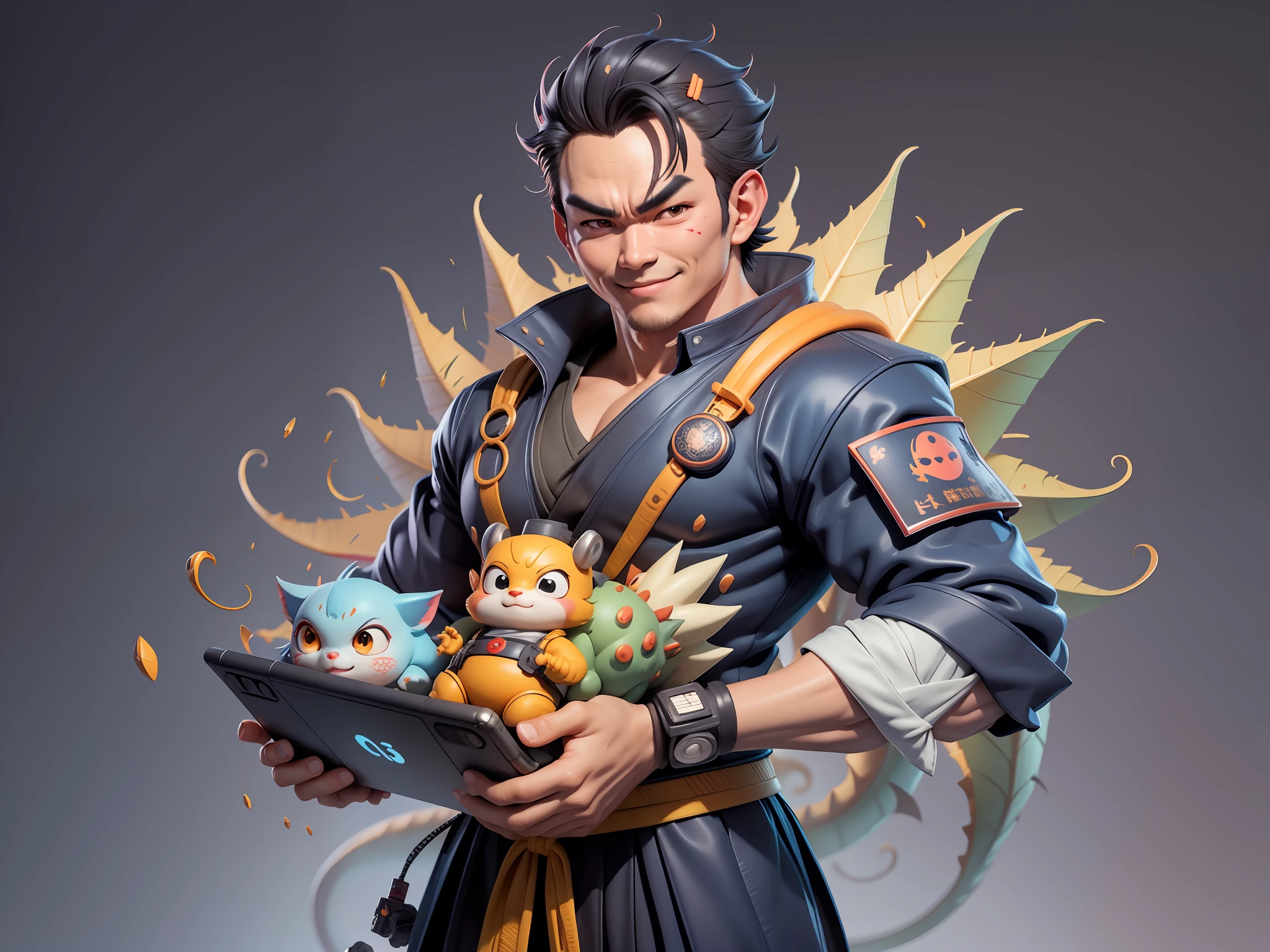 (Daisaku),(Need),(Super meticulous),(full bodyesbian:1.2),Super young man with Japanese geisha,Beautiful,Oriental dragon,Aeolian Thor,Raised sexy,爆乳,Oriental face,TV Anchor,Bust portrait illustration,In black suit,a blue tie,The face is slightly chubby,The face was clean,without a beard,Black super short hair,Black eyes,Smile confidently,3C computer sub-products,iPad, iphone,Digital painting,3D character design by Mark Clairen and Pixar and Hayao Miyazaki and Akira Toriyama,The illustration is a high-definition illustration in 4K resolution,With very detailed facial features and cartoon-style visuals。