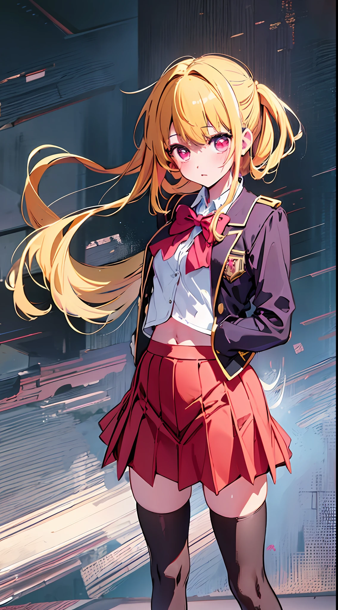 main girl is beautiful and cute, "neat and bright uniform coordination", full body, full body illustration, best illustration, , realistic and elaborate uniform, high school uniform, ((highest quality)), ((masterpiece)), (detail: 1.4), anatomical, award-winning concept art, beautiful, fine details, portrait, look viewer, (full body view)), 1 girl, full body, solo, 6 years old, elementary schnt, child a, semi-long hair, red and pyes, large eyes, the pupil of the left eye is star-shaped, characteristic pupil of the left eye, pupil of the left eye clear, pupil of the left eye detailed, dark brown blazer, maroon sweater, long checked skirt, dark green and maroon skirt, black hyso, orange large ribbon, white blouse, underwear, panties, skirt, white panties, wet, shirt, wet clothes, skirt lift, blush, classroom, navel,lift under chest, clothing lift, easy background, lifting clothes, uniform, Japan cute school uniform, blazer, look away, short sleeve, loli, skinny, elementary, loli, baby face, cute, young appearanc fantastic visual depictio profeffects, beautiful girl, petite girl, sweaty transparent clothes, unevenness, absurdity, Heel up loafelden hair, red and pink eyes, the main girl is beautiful and cute