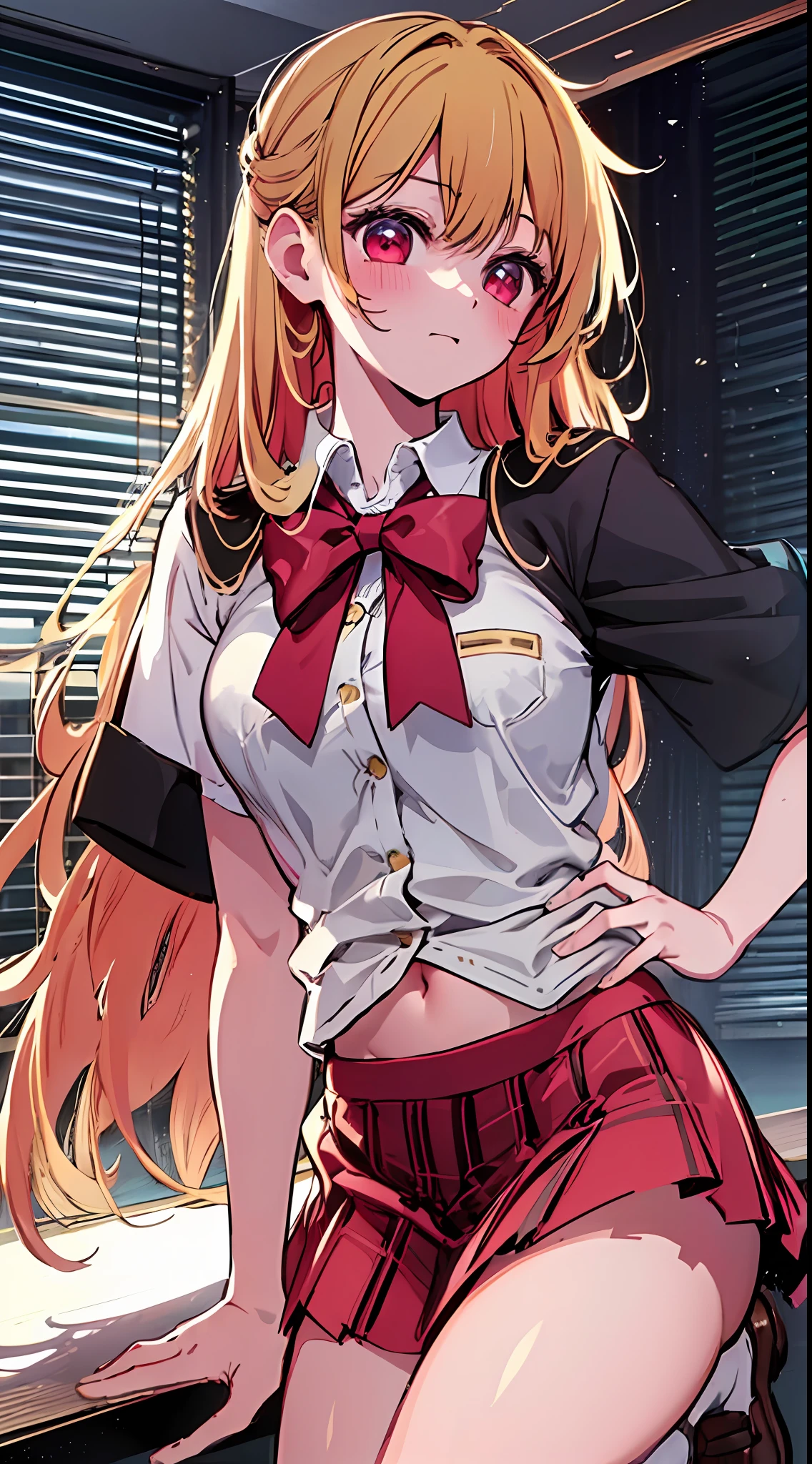 main girl is beautiful and cute, "neat and bright uniform coordination", full body, full body illustration, best illustration, elementary school student, realistic and elaborate uniform, high school uniform, ((highest quality)), ((masterpiece)), (detail: 1.4), anatomical, award-winning concept art, beautiful, fine details, portrait, look viewer, (full body view)), 1 girl, full body, solo, 6 years old, elementary school student, child actor, golden hair, blonde, semi-long hair, red and pink eyes, large eyes, the pupil of the left eye is star-shaped, characteristic pupil of the left eye, pupil of the left eye clear, pupil of the left eye detailed, dark brown blazer, maroon sweater, long checked skirt, dark green and maroon skirt, black hyso, orange large ribbon, white blouse, underwear, panties, skirt, white panties, wet, shirt, wet clothes, skirt lift, blush, classroom, navel,lift under chest, clothing lift, easy background, lifting clothes, uniform, Japan cute school uniform, blazer, look away, short sleeve, loli, skinny, elementary, loli, baby face, cute, young appearance, fantastic visual depiction, professional effects, beautiful girl, petite girl, sweaty transparent clothes, unevenness, absurdity, Heel up loafers, golden hair, red and pink eyes, the main girl is beautiful and cute