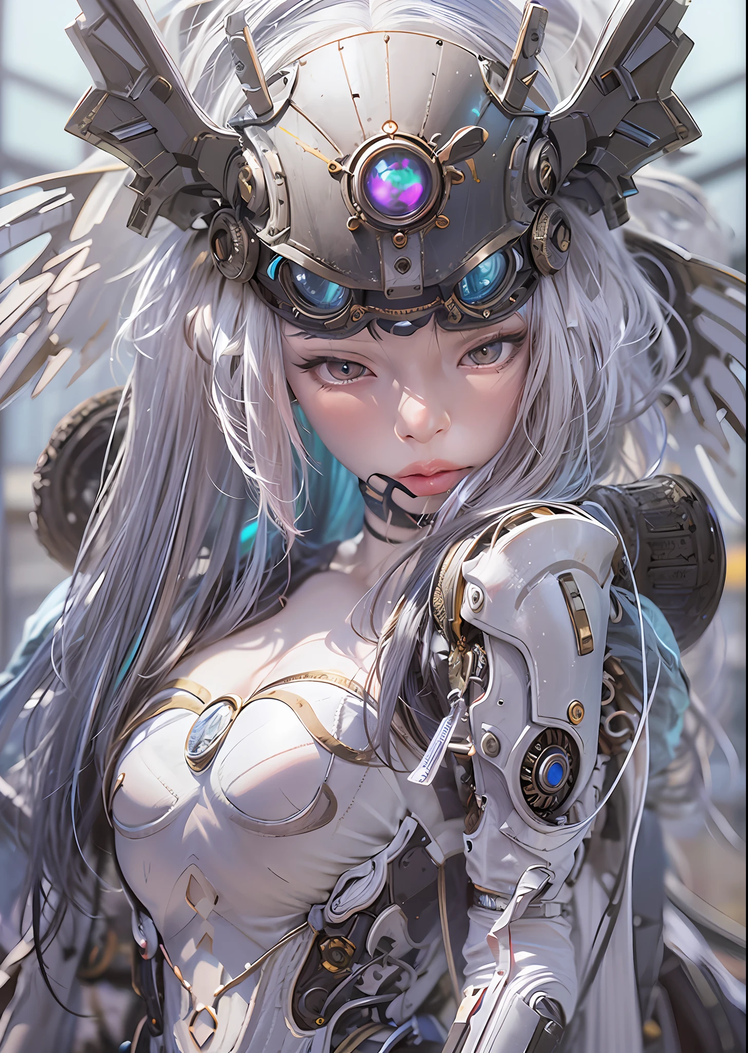 top-quality、masterpiece、超A high resolution、(Photorealsitic:1.4)、Raw photo、Steampunk Cyborg Angel、large wings made of metal、White porcelain body、white hair、glowy skin、1 Cyborg Girl、((super realistic details))、portlate、globalillumination、Shadow、octan render、8K、ultrasharp、character edge light,Colossal tits、Raw skin is exposed in cleavage、Details of complex ornaments、Acrylic Clear Cover、Sumerian details、Hydraulic cylinder、Small LED lamp、highly intricate detail、Realistic light、a purple eye、radiant eyes、Facing the camera、neon details、cowboy shot、Futuristic headgear、About Cyberpunk、、