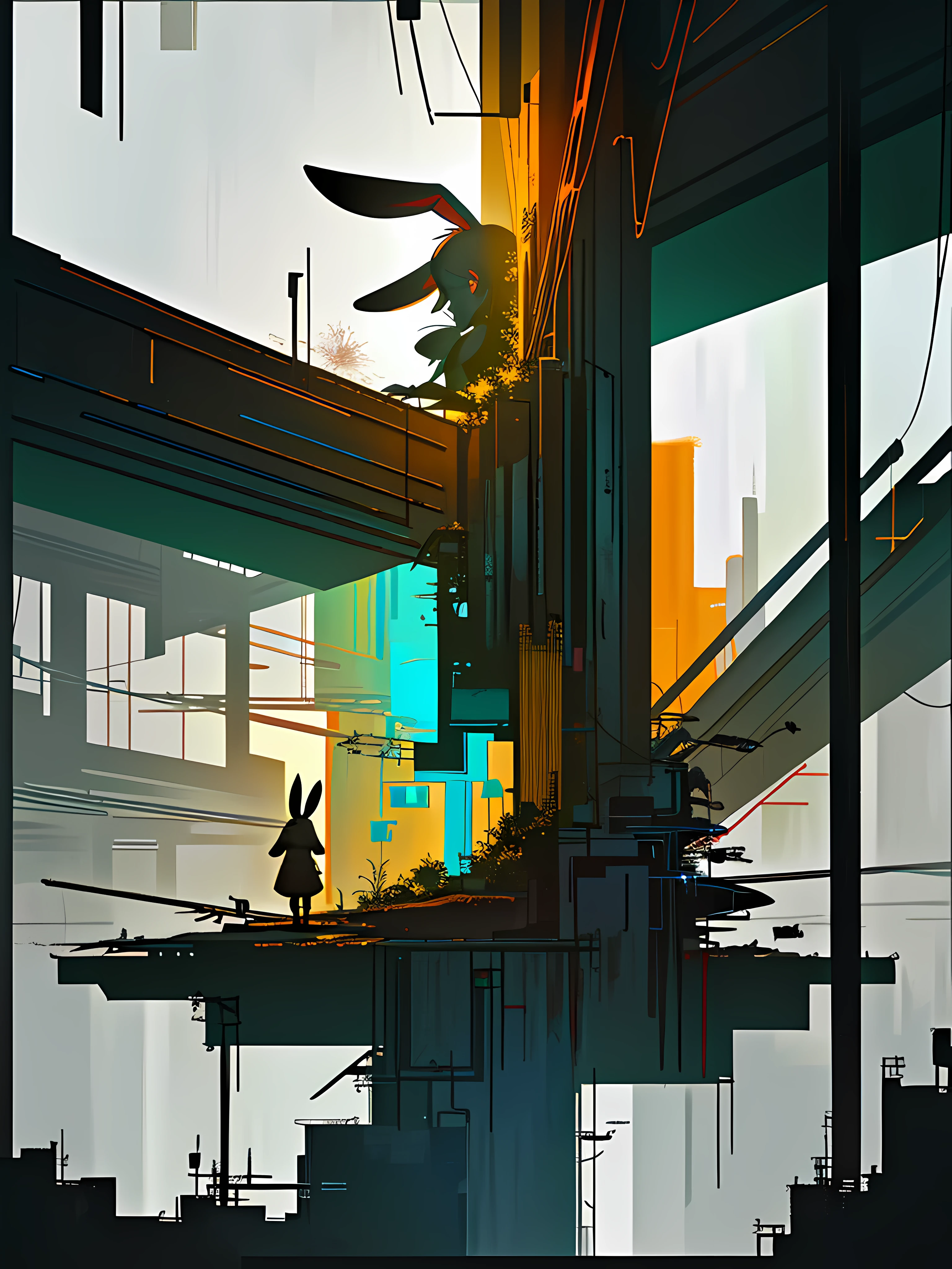 (blame! style abandoned tech landscape), (Zen, Amy Sol style), (underground, dark, foggy, perilous, abandoned dystopian apartment bedroom, deep windows), (abstract anthro rabbit figure wearing bunny ears), cover art with light abstraction, abstract, simple vector art, contemporary Cybernetic art, color gradients, soft color palettes, layered forms, whimsical animation, style Ethereal abstract, 4K, --v6