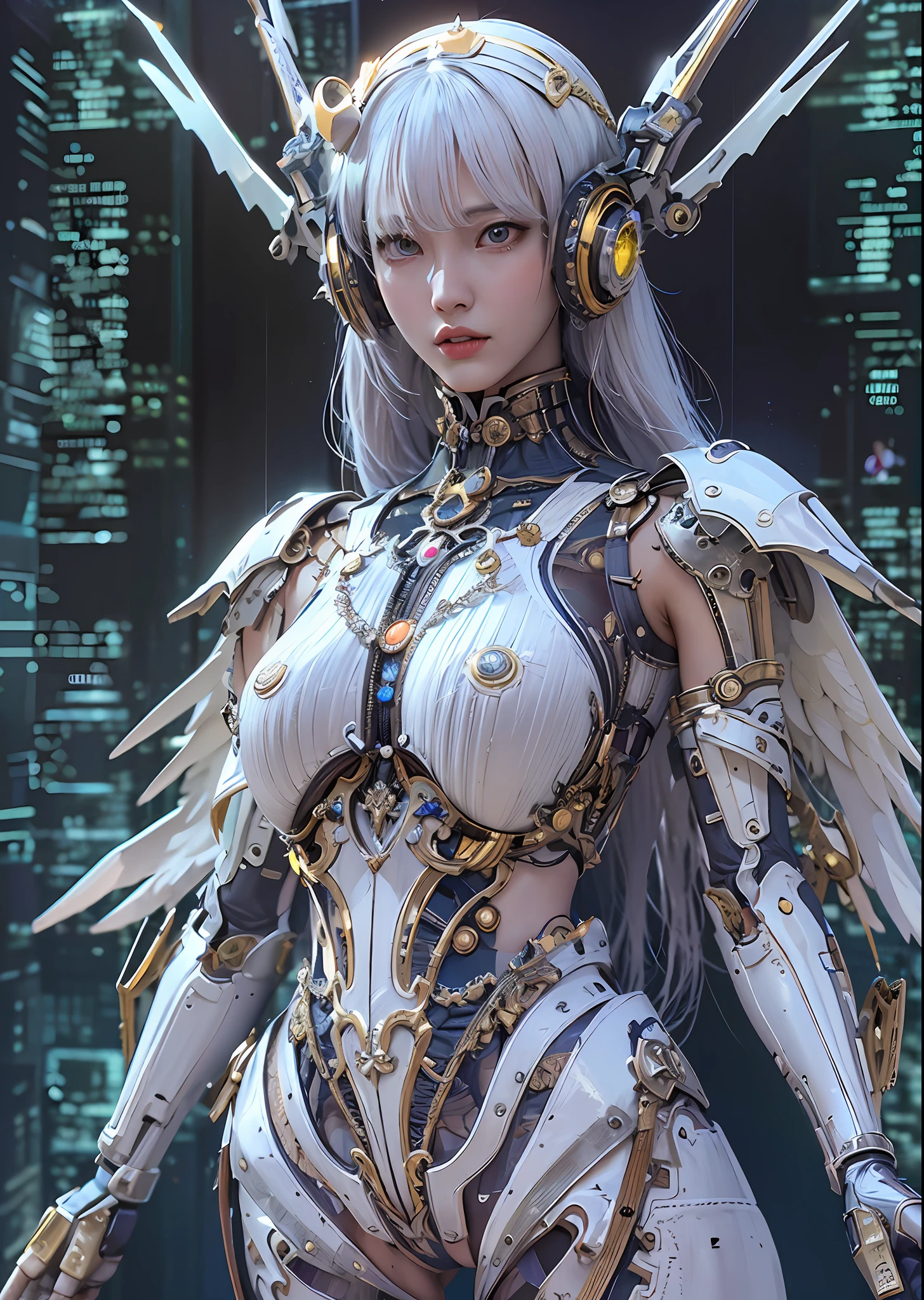 top-quality、masterpiece、超A high resolution、(Photorealsitic:1.4)、Raw photo、Steampunk Cyborg Angel、large wings made of metal、White porcelain body、white hair、glowy skin、1 Cyborg Girl、((super realistic details))、portlate、globalillumination、Shadow、octan render、8K、ultrasharp、character edge light,Colossal tits、Raw skin is exposed in cleavage、Details of complex ornaments、Acrylic Clear Cover、Sumerian details、Hydraulic cylinder、Small LED lamp、highly intricate detail、Realistic light、a purple eye、radiant eyes、Facing the camera、neon details、cowboy shot、Futuristic headgear、About Cyberpunk、、
