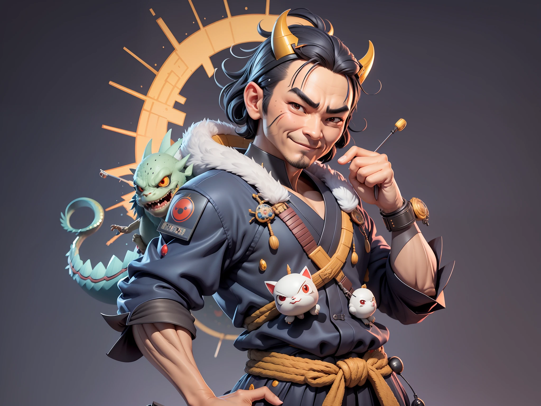 (Daisaku),(Need),(Super meticulous),(full bodyesbian:1.2),Super young man with Japanese geisha，Beautiful，Oriental dragon，Aeolian Thor，Raised sexy，爆乳，Oriental face，TV Anchor，Bust portrait illustration，In black suit，a blue tie，The face is slightly chubby，The face was clean，without a beard，Black super short hair，Black eyes，Smile confidently，3C computer sub-products，iPad， iphone，Digital painting，3D character design by Mark Clairen and Pixar and Hayao Miyazaki and Akira Toriyama，The illustration is a high-definition illustration in 4K resolution，With very detailed facial features and cartoon-style visuals。