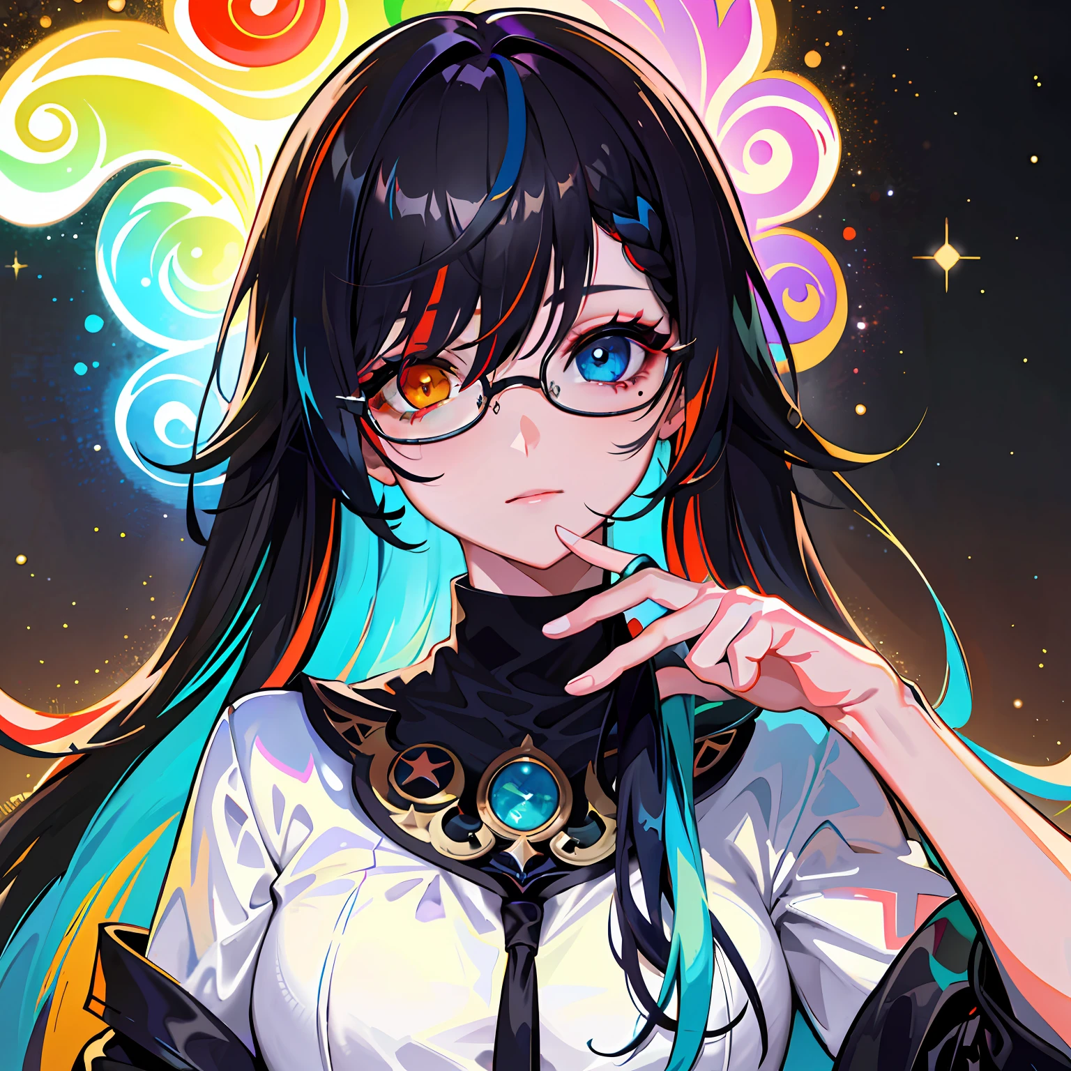 {{masterpiece}}, top-quality, Ultra detailed CG Unity 8K wallpaper, Cinematographic lighting, lensflare, Beautiful detail eyes, A black, sideways eyes, Multicolored hairs,eye glasses,Wearing glasses, colorful light, Particle, heterochromia iridis, (colourfull:1.5), (Colorful hair:1.5),