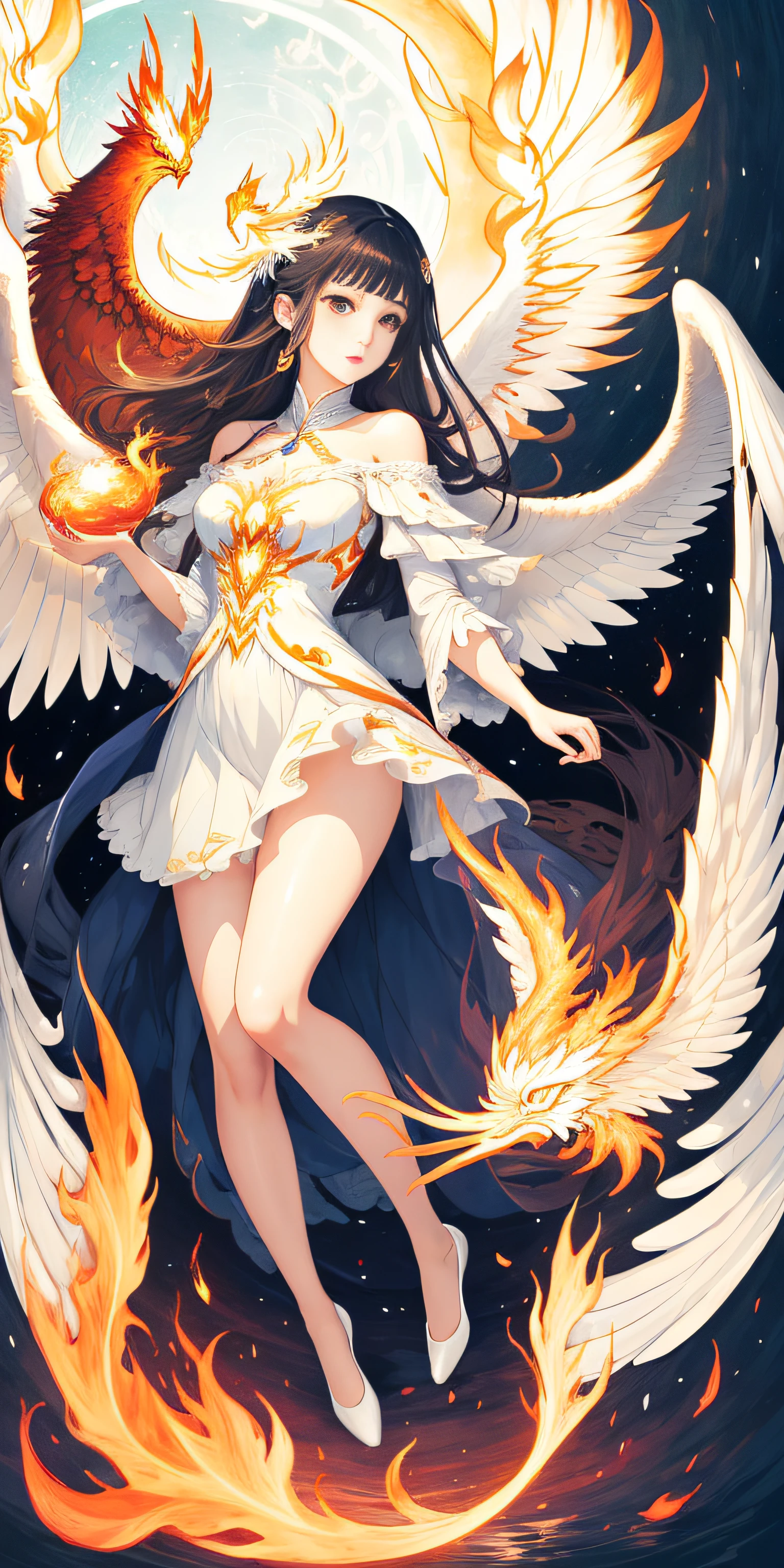 Super beautiful eyes、(((​masterpiece)))、best qualtiy、illustratio、Beautiful detail glow、
paper_cut、Fantasia、white backgrounid、full bodyesbian、1girl in、bare-legged、phoenix、firey、