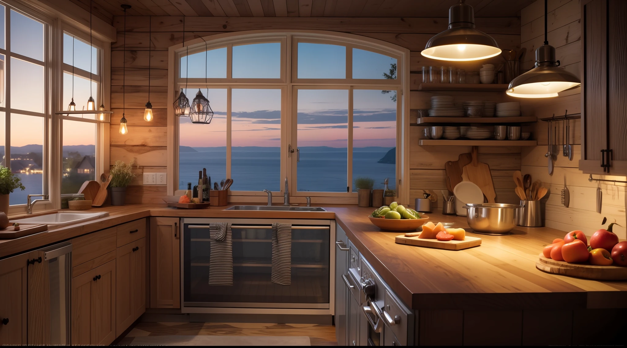 Summer night in the kitchen of a cottage style house with sea view, Very realistic, photograph, Canon, Eye-Level Shot, first-person view, super detail, high details, high quality, 8k