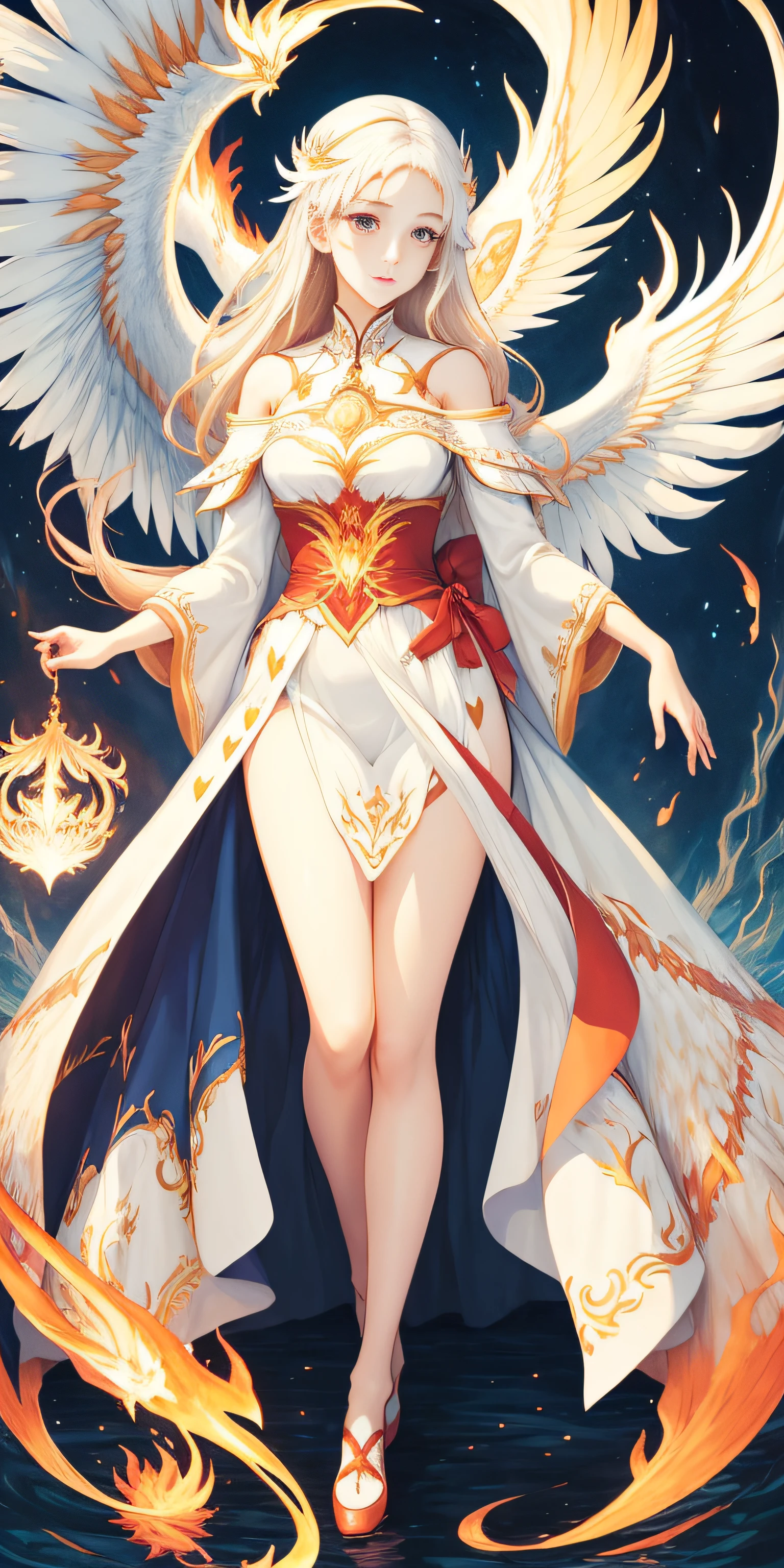 Super beautiful eyes、(((masterpiece)))、best qualtiy、illustratio、Beautiful detail glow、
paper_cut、Fantasia、white backgrounid、full bodyesbian、1girl in、bare-legged、phoenix、firey、