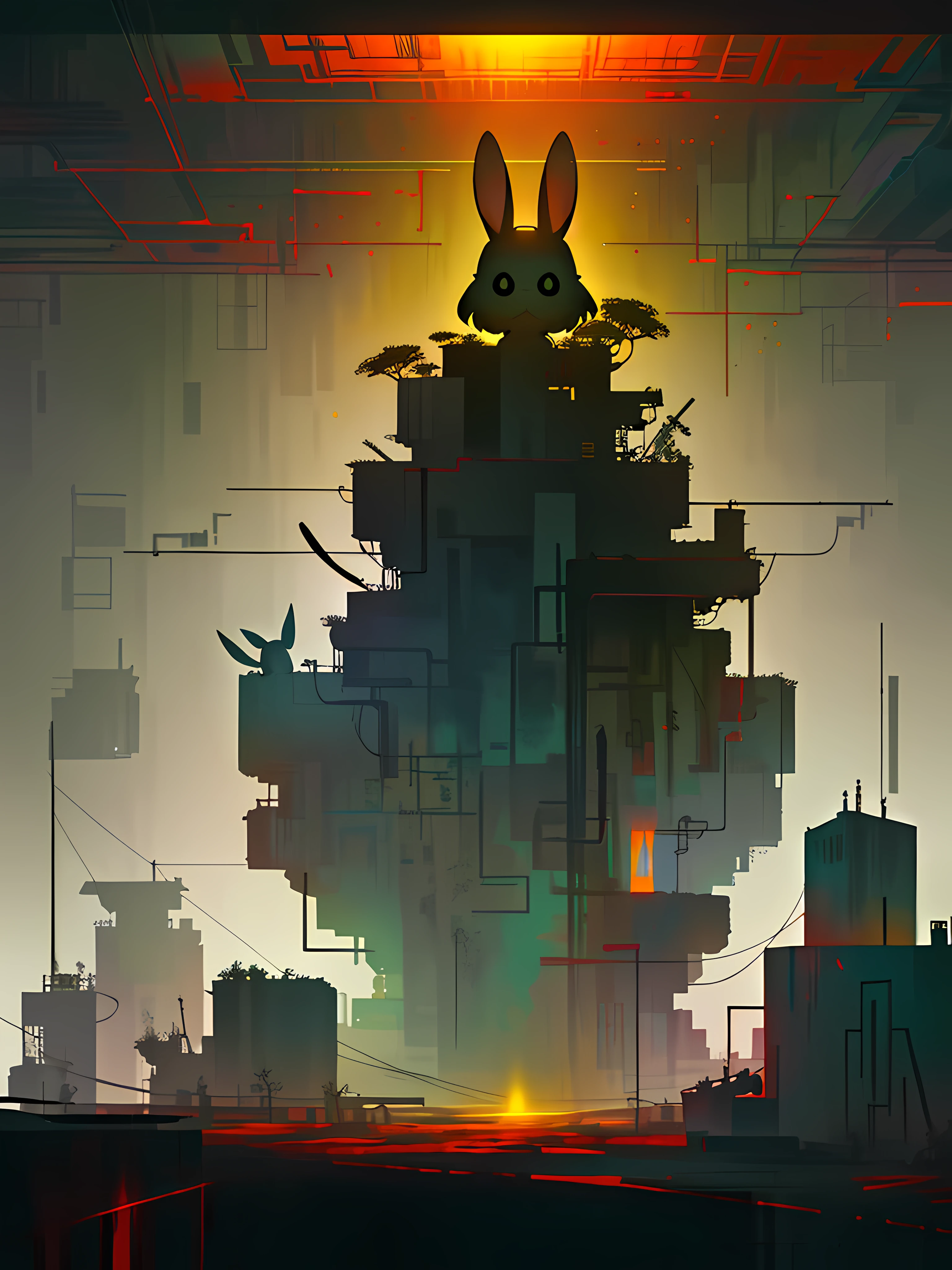(blame! style abandoned tech landscape), (Zen, Amy Sol style), (underground, dark, foggy, perilous, abandoned dystopian apartment bedroom, deep windows), (abstract anthro rabbit figure wearing bunny ears), cover art with light abstraction, abstract, simple vector art, contemporary Cybernetic art, color gradients, soft color palettes, layered forms, whimsical animation, style Ethereal abstract, 4K, --v6