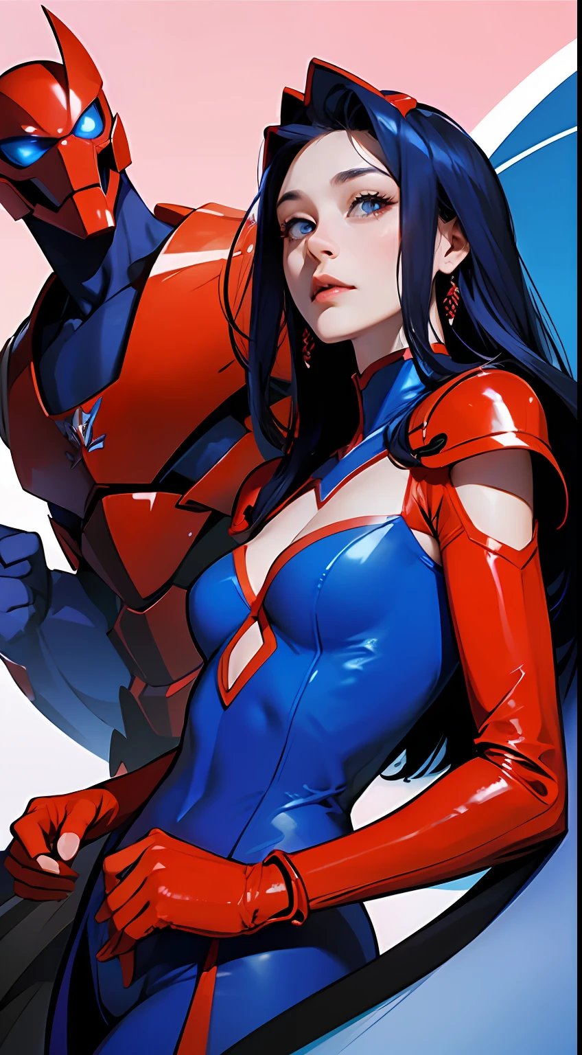 Cartoon photo of woman in blue and red costume、Hot insect humanoid female、Guyver Style、SFW version、Scarabeleploid、tail、Cel Shade Adult Animation、Alien Queen、Core Crystal、
