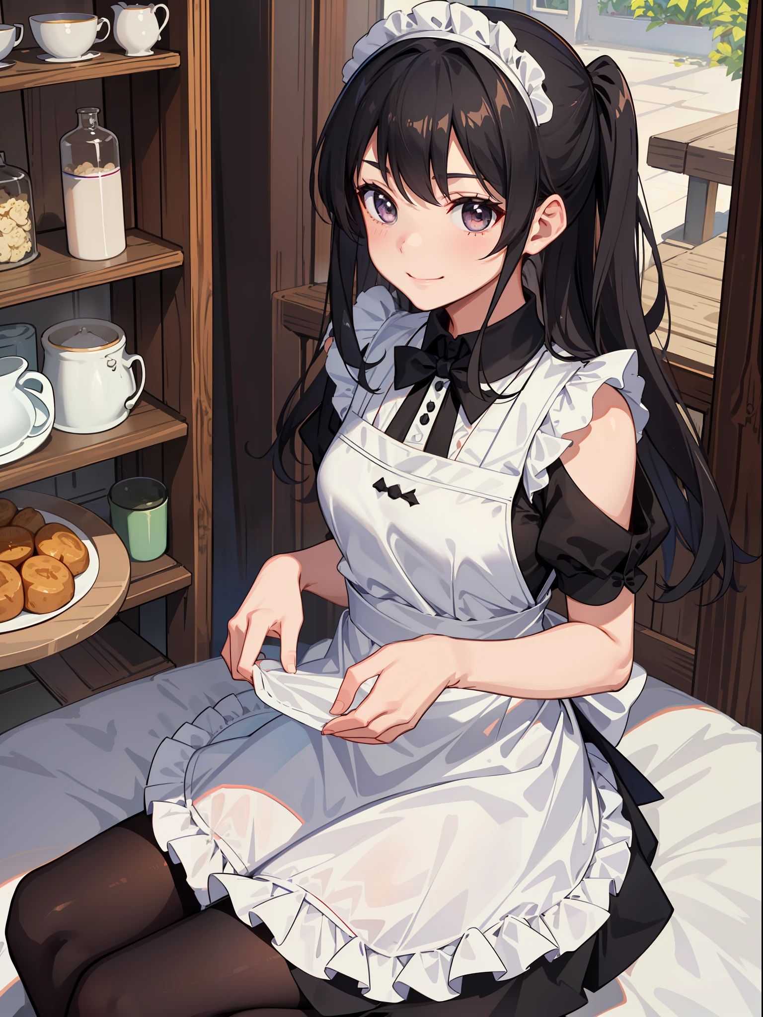 1girl in、A smile、A delightful、skirt by the、(small tits)chilarism、doress、aprons,,,,,,、maid,,,,,,,,、brunette color hair、hair adornments、sport、Black stockings,sitted