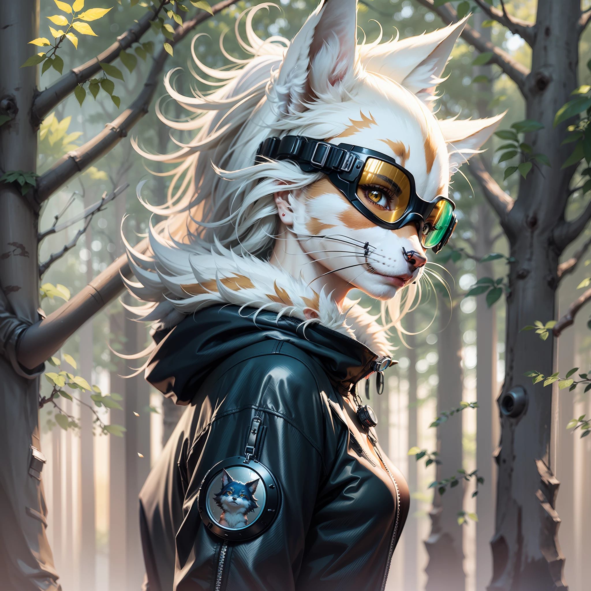 Anime characters wearing goggles and a forest background，White fur，white fox anime，headshot of young female furry，Holo is a wolf girl，Anime Catwoman，Sora as a cat，anime cat，an anthropomorphic cyberpunk fox，furry anime，cyber goggles，Fully robotic！！cat woman，Fox scientist，