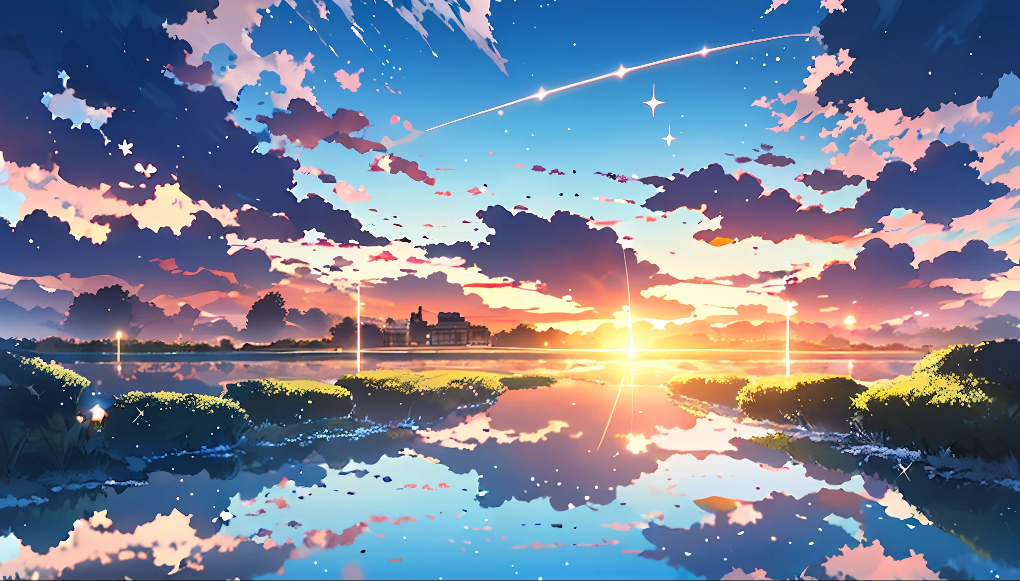 anime style landscape, hayao miyazaki, highest quality, sparkles, shiny,scenery, no humans, sky, cloud, outdoors, sunset