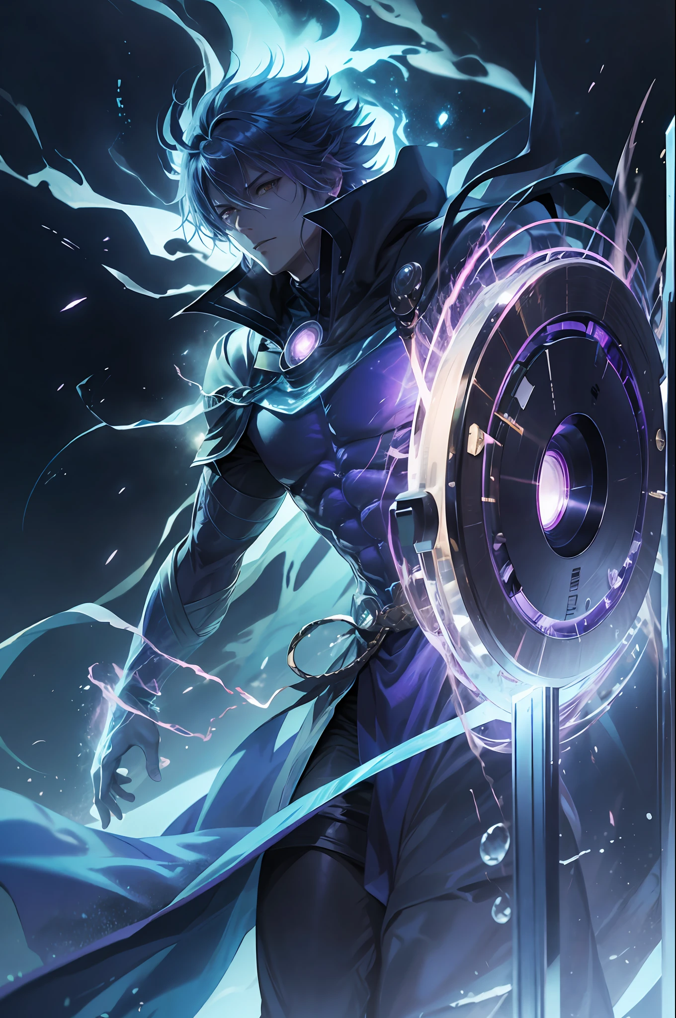 epic anime style, purple lightning, evil temperament, 20-year-old male shadow assassin, glowing black aura, shadow supervisor, handsome face, brilliant and majestic. Beautiful standard body and complete body structure. full body shot of a man with lightning in his hand, an epic anime about a purple energy man, in a battle stance with dark hair and glowing eyes looking at the viewer. Cool Gapmoe Yandere, menacing look, gintama's Hijikata Toushirou, inspired by Masanobu Okumura, the originator of the anime art style, Nobutaka Ike, the night war rages behind him. Highest image quality 8K, details everything 8K.