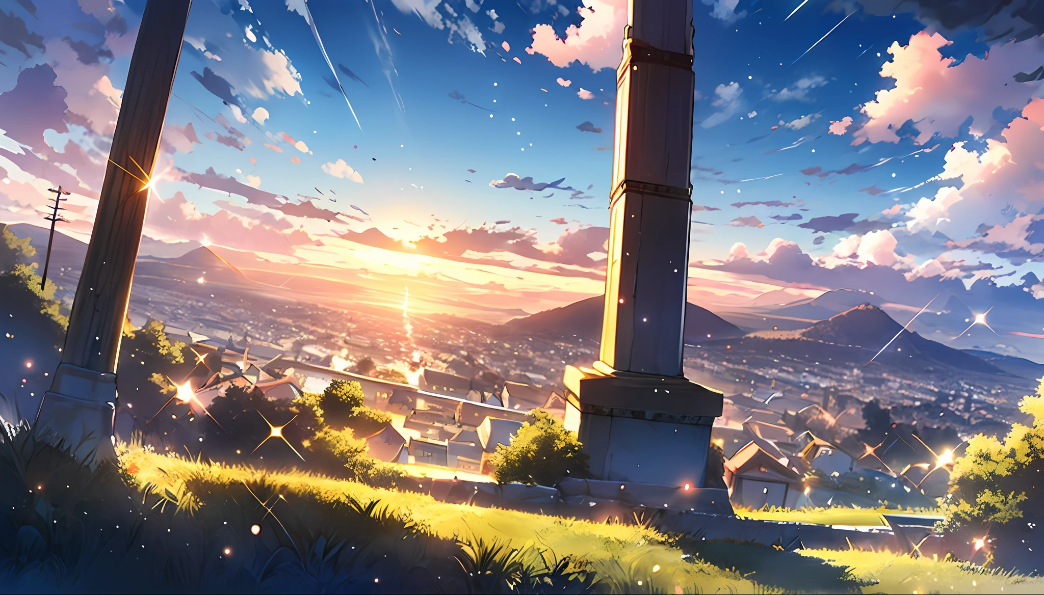 anime style landscape, hayao miyazaki, highest quality, sparkles, shiny,scenery, no humans, sky, cloud, outdoors, sunset