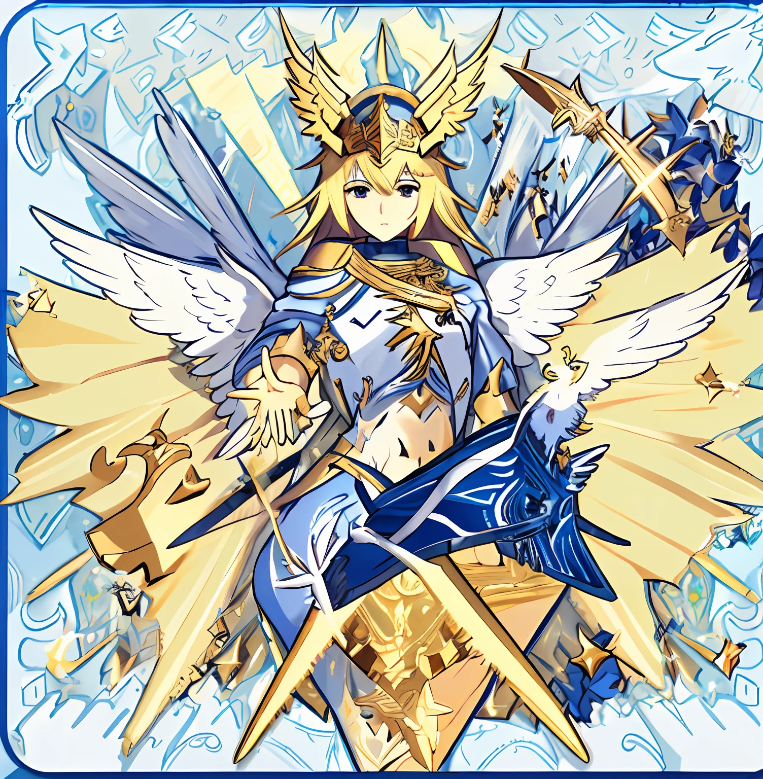 A picture of the card，There is a winged figure on it， mystical anubis valkyrie, mystical atlantean valkyrie, gold paladin, holy paladin, Gunnier, Archangel，mystical valkyrie, Wind Egyptian God, Feathered Cavalry,