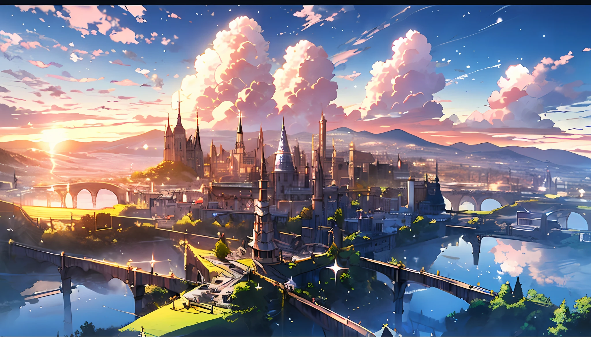 anime style landscape, hayao miyazaki, highest quality, sparkles, shiny,scenery, no humans, sky, cloud, outdoors, sunset