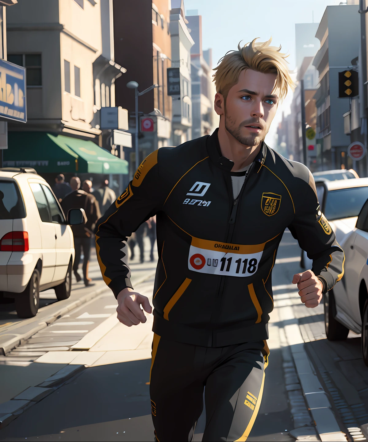 Unbeatable masterpiece,Ultra-realistic 8K CG,Perfect artwork,Handsome boy(1:1.1),best qualtiy:1.1,(bushy),blond hairbl,(eBlue eyes:1.2)(shiny skins:1.2), (hdr), (the street:1.2), Nikon D850 Film Stock Photo Kodak Portra 400 Camera F1.6 shots, rich colours, textures true to reality, Dramatic lighting,unreal-engine,Keep running,Chase your dreams