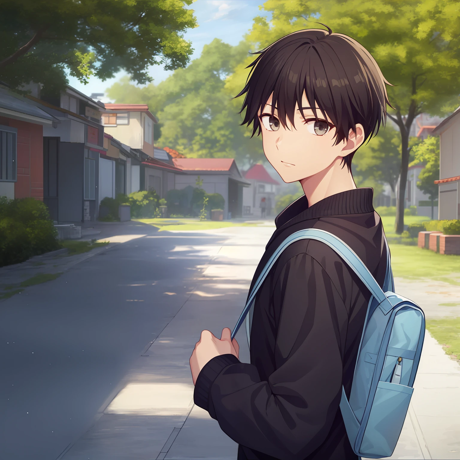 tmasterpiece， Best quality at best， high high quality， 1boy， 独奏， malefocus， looking at viewert，  manabe_kakeru，the street，rainwater，overcast day，bookbag，Faraway view