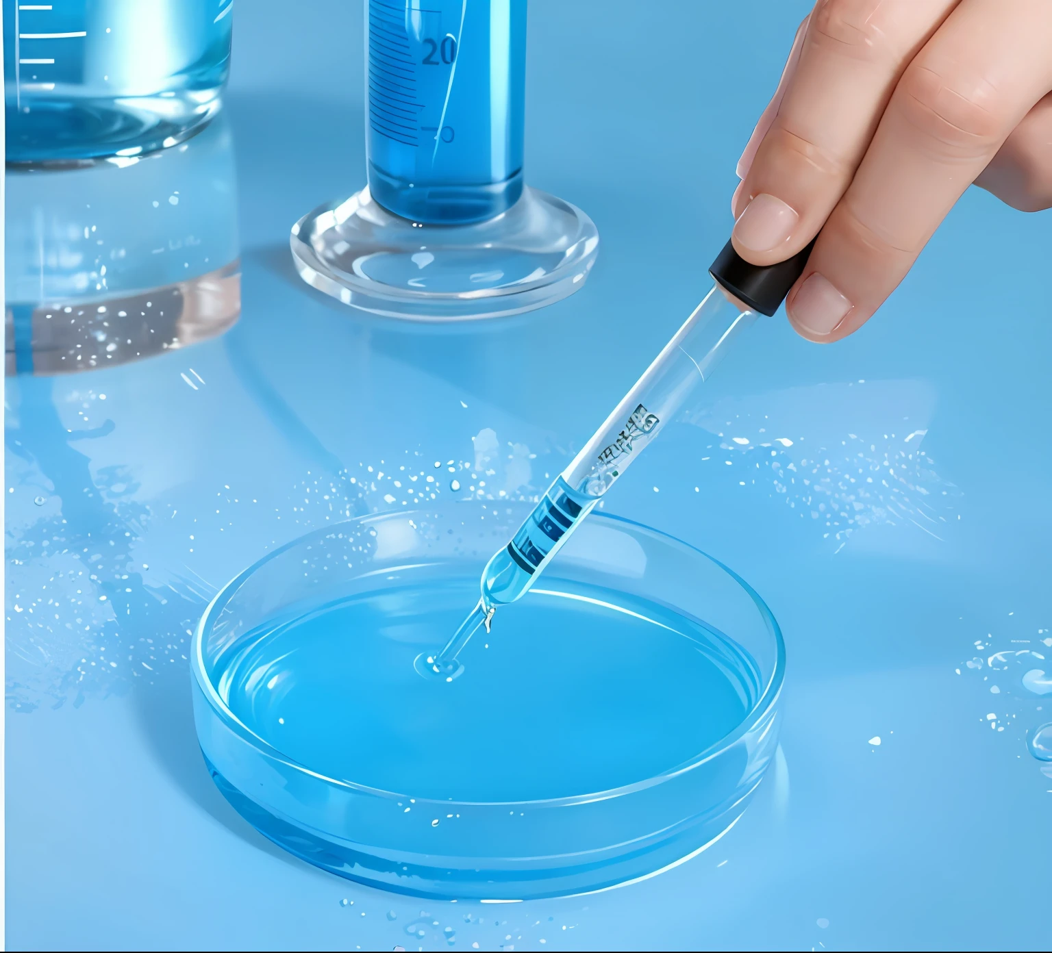 In the laboratory, hold a glass dropper on top of a glass dish containing liquid ultra-clear material, test tubes, clear liquid, Epoxy has a pinkish caste, smooth clean surfaces, kagaku, glass labware, scientific glassware, filling with water,Transparent blue liquid, environmental shot,