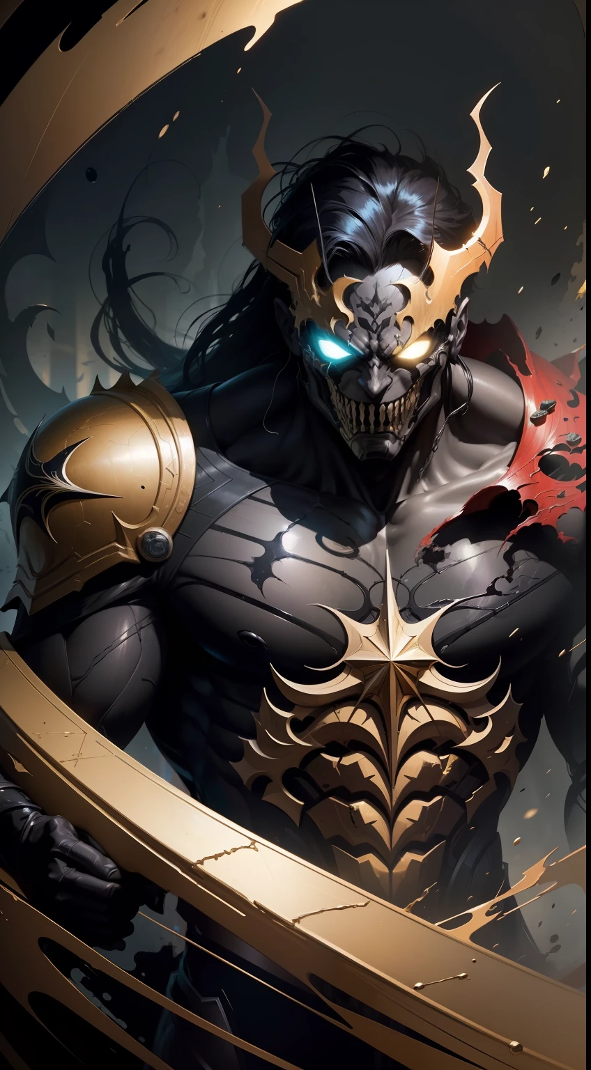 (Best Quality),(Masterpiece),(Ultra Detailed),(4k resolution),(Extremely detailed),Abstract expressionist painting "Hyperion", Venom Joker, tarot card, Trending on ArtStation, Digital Painting, character concept art portrait, Scary