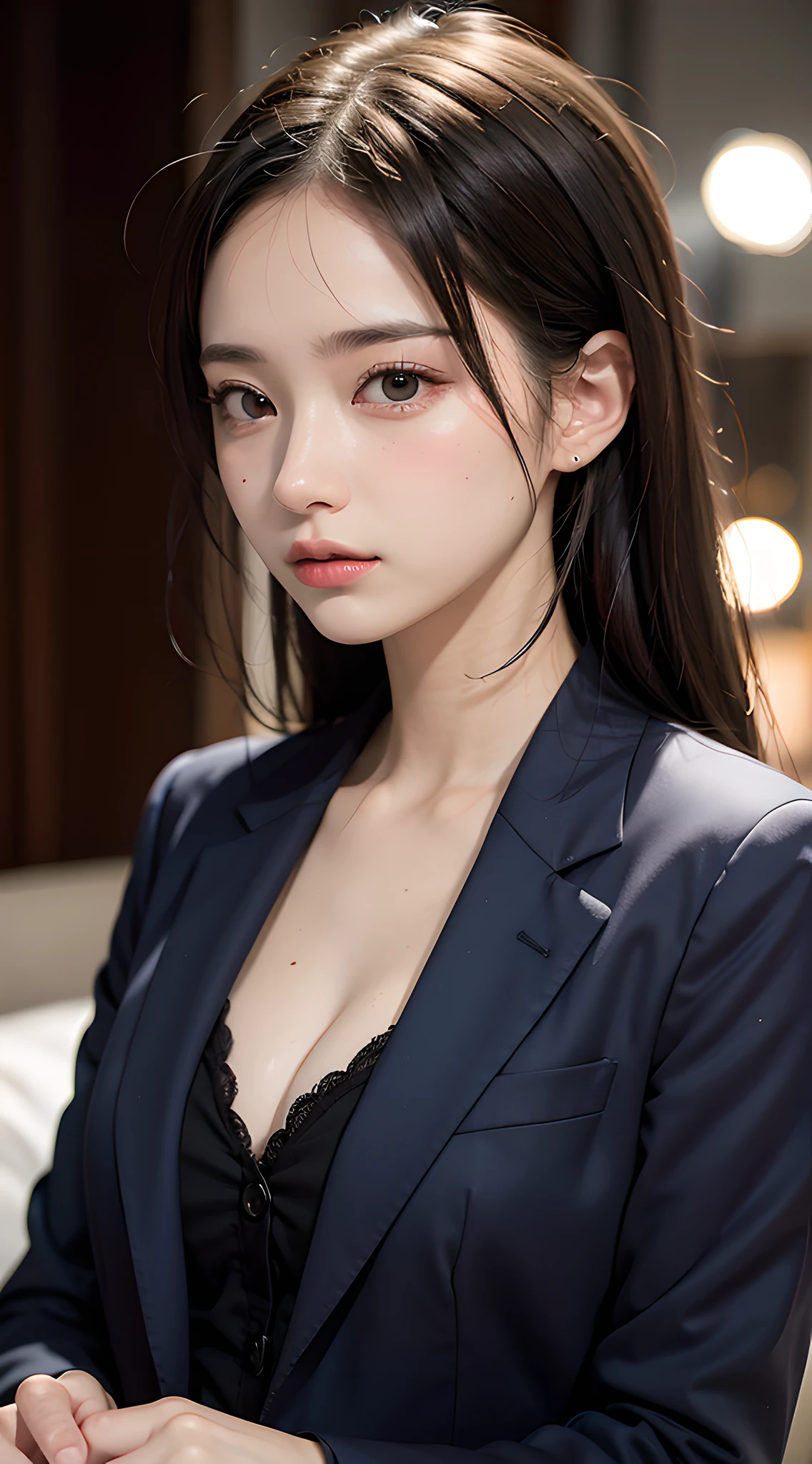 (masterpiece, best quality:1.2), 8k, 85mm, official art, raw photo, absurdres, violaceaess, rosaceaess, gardeniass, beautiful girl, pretty face, close up, upper body, cinch waist, black tailored suit, suit jaket, V-neck shirt, looking at viewer, (cleavage:0.7), large breasts, film grain, chromatic aberration, sharp focus, facelight, clear lighting, detailed face, (bokeh background:1.2)