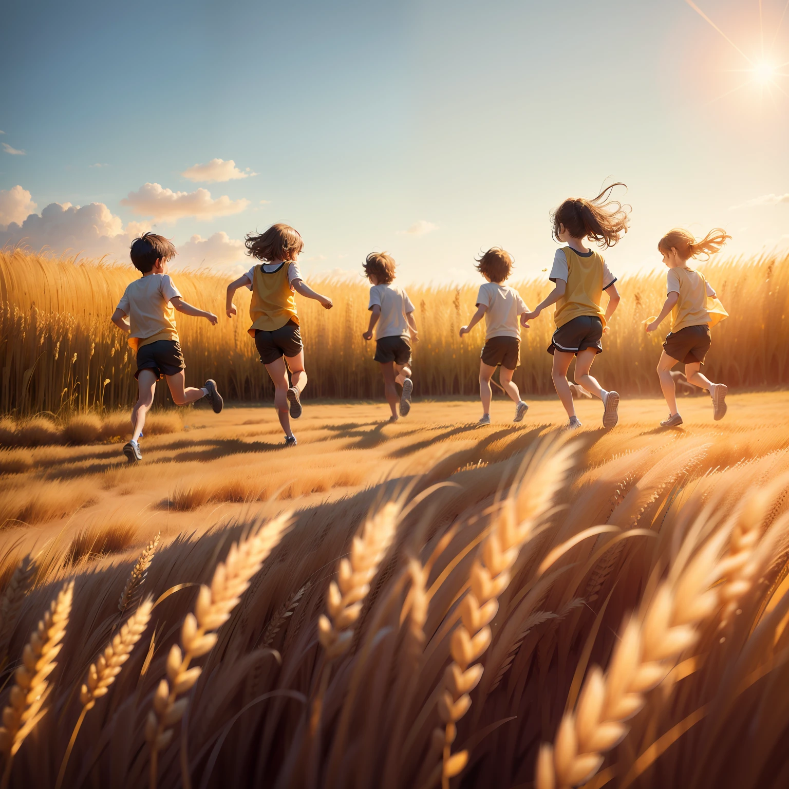 A group of 6-year-olds wearing shorts and shorts，Run from right to left in a golden wheat field，Some are in front，Some are in the back，Plenty of sunshine，down view，Perfect quality