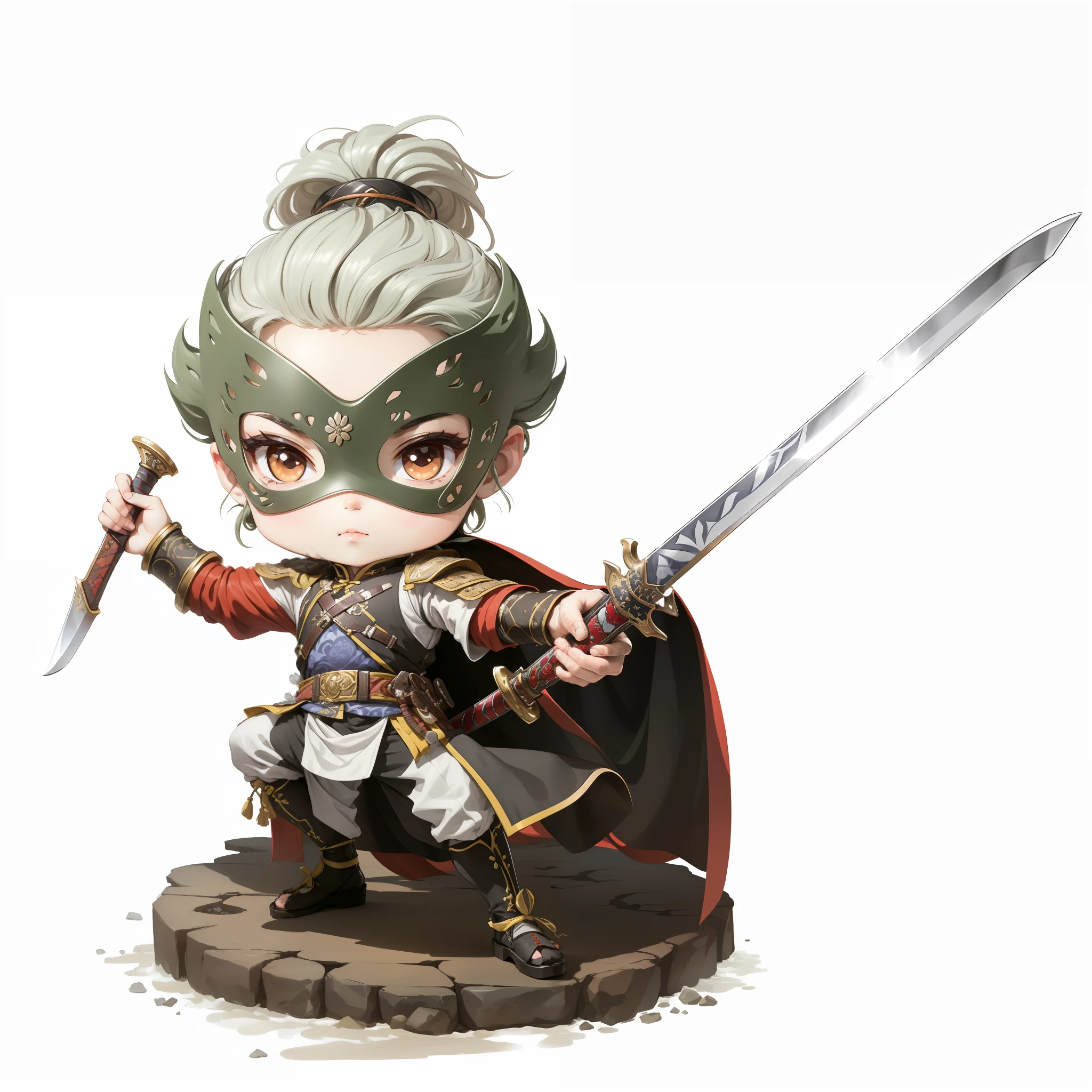 Chibi anime characters,The sword,sword sheath,China-style,Chinese-style clothing,Chinese shoes,There is a beautiful pattern on the scabbard,Refinement,Fine painting,Refinement,infinite details,high definition detail,Delicate belt,Belt accessories,Male characters,Blindfolds,sideface,swordsman,dark colored hair,Patterned,Pattern,Blank background,Bright colors,Metal edging
