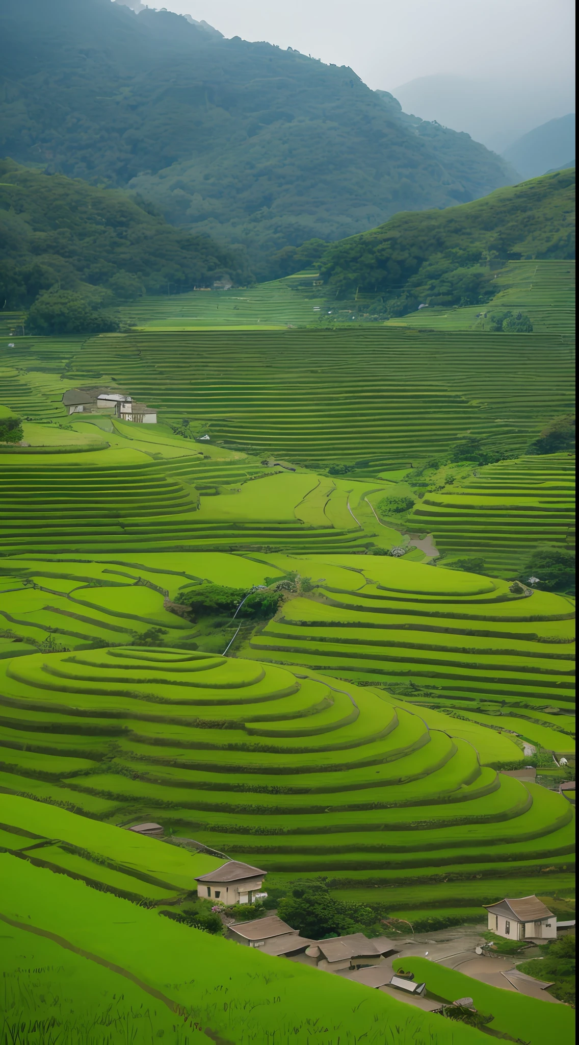 Large terraces, mountains, huts, rice paddies, rice fields, neat rice seedlings in the sky,Mist Rain Village Agriculture In a tranquil landscape Mist weather In a vast tranquil landscape In the early morning In the morning Mist Behind a small village Mist Japanese countryside Thatched roof Canon photography Masterpiece Chiaroscuro Realistic Detailed detail