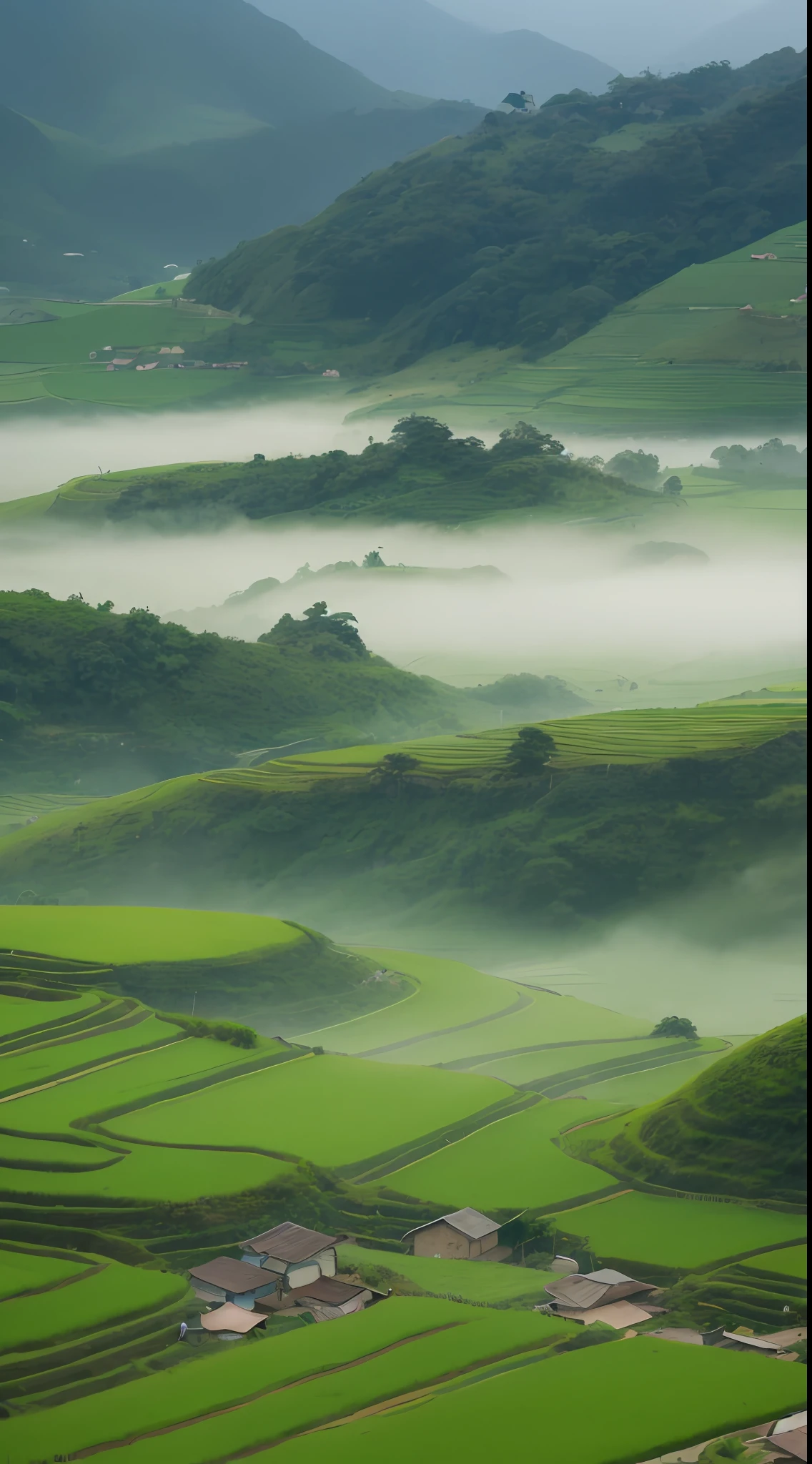 Large terraces, mountains, huts, rice paddies, rice fields, neat rice seedlings in the sky,Mist Rain Village Agriculture In a tranquil landscape Mist weather In a vast tranquil landscape In the early morning In the morning Mist Behind a small village Mist Japanese countryside Thatched roof Canon photography Masterpiece Chiaroscuro Realistic Detailed detail