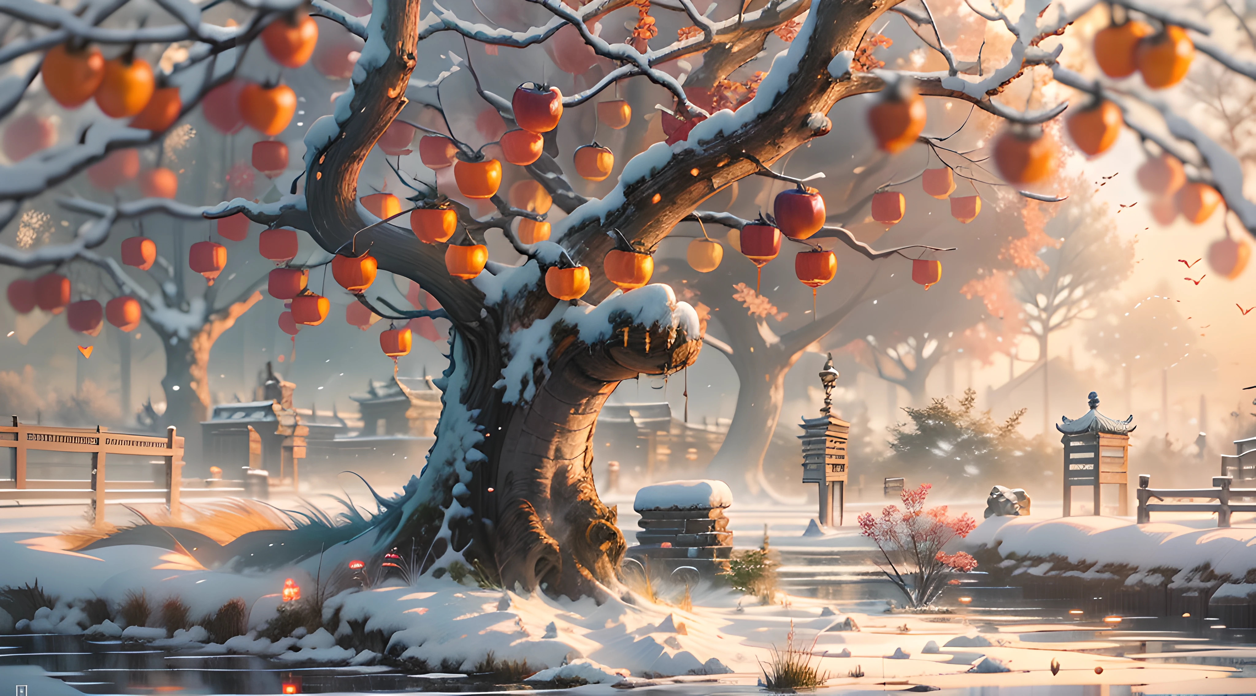 a huge persimmon tree in the corner of the city, hung with red persimmon persimmon covered with snow, rising sun, jiangnan ancient town traditional landscape quiet, beautiful, high details, soft moonlight, soft color, soft light, 8k, new happiness, deep details, detail level clear, high quality, high definition, new love rendering, hd ar 2:3 v 4 1 --v 4