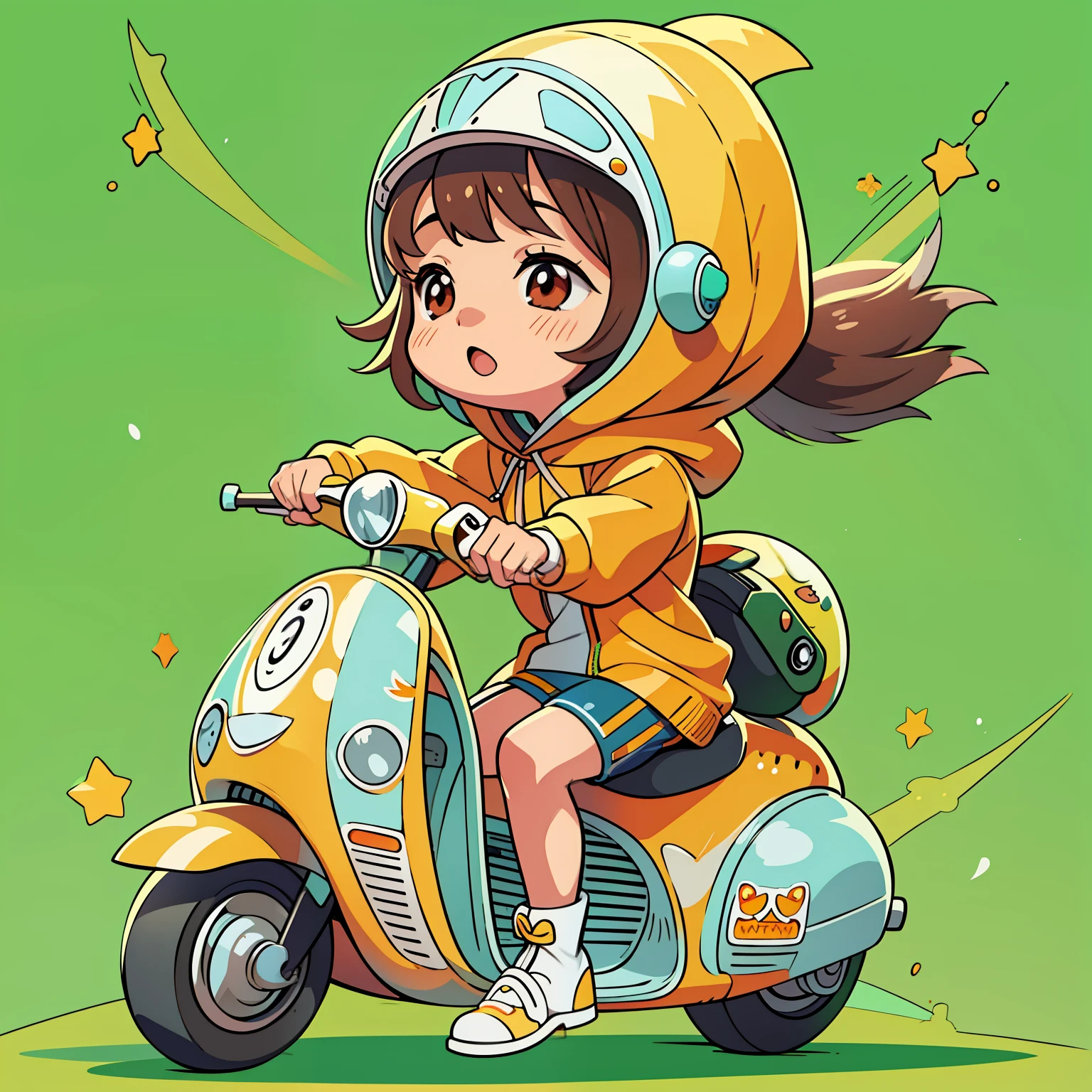 Cartoon girl riding scooter，Head with cartoon mango hood，Head with cartoon mango hood， 2 d illustration, 2D illustration, tchibi, adorable digital art, lovely digital painting, Cartoon Art Style, cartoon digital painting, Cute detailed digital art, 8 K cartoon illustration, Cute cartoon character, cute illustration,wallpaper - 1 0 2 4