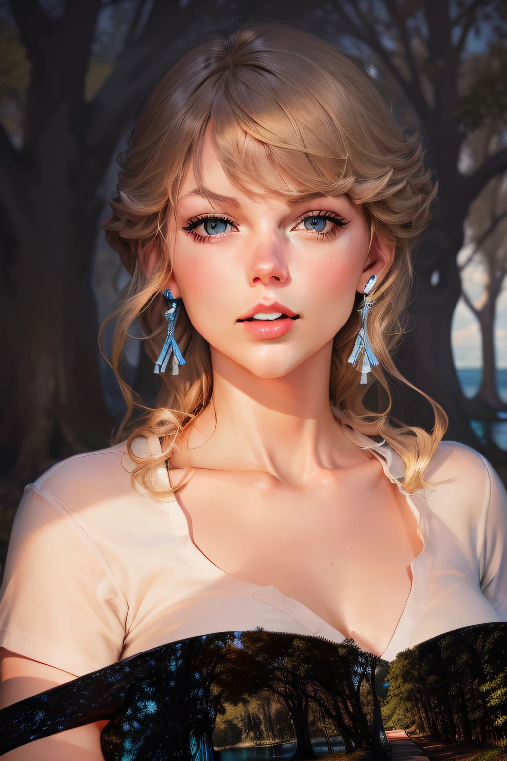 taylor swift, sitting on a bench, ((wearing: white shirt, blue shorts)), ((background: blue sky, lake, trees, grass, beautiful scenery)) 8K quality, ultrawide image, detailed, sharp, realistic, realism
