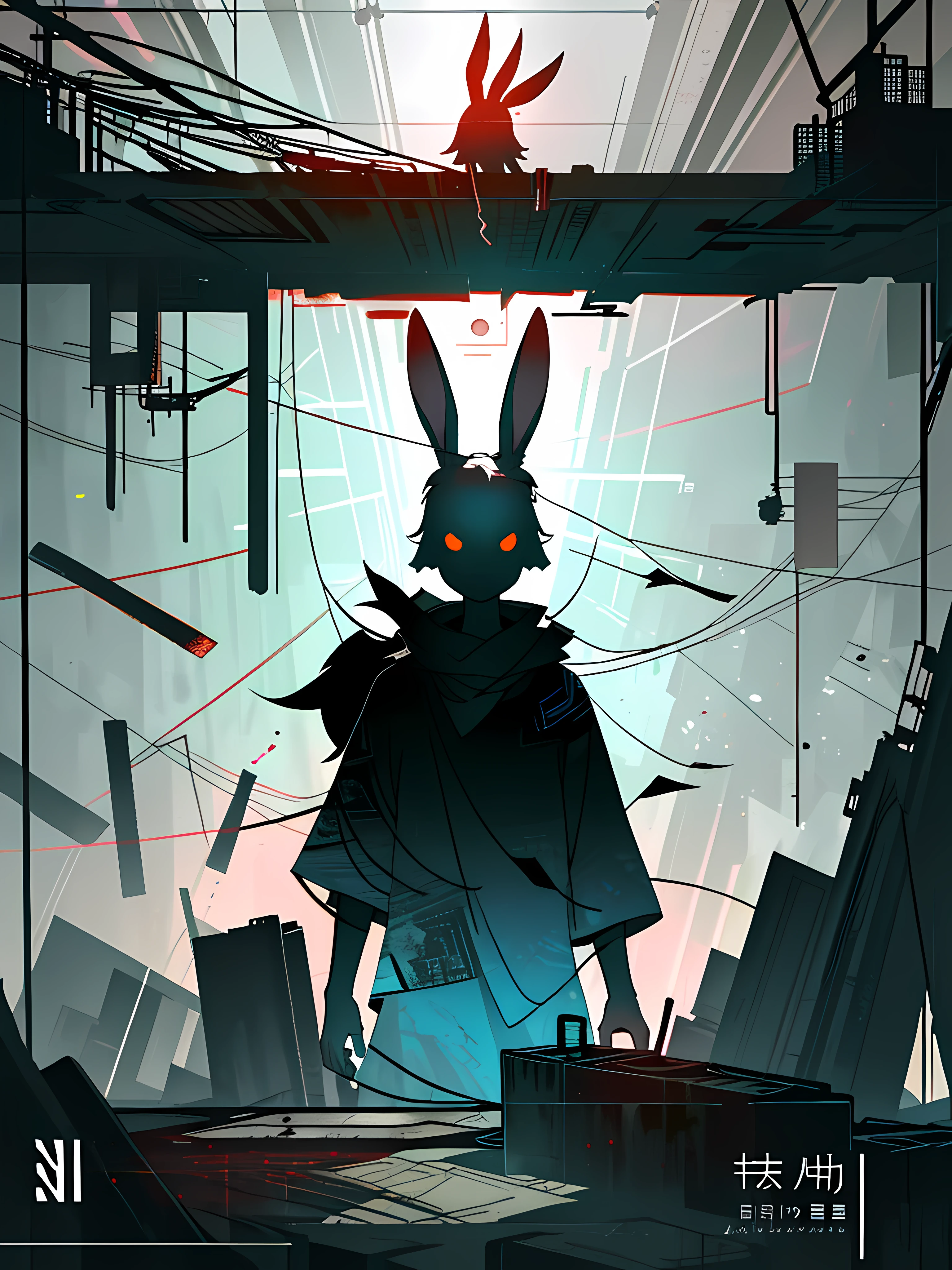 (blame! style abandoned tech landscape), (Zen, Amy Sol style), (underground, dark, foggy, perilous, abandoned dystopian apartment bedroom, deep windows), (abstract anthro rabbit figure wearing bunny ears), cover art with light abstraction, abstract, simple vector art, contemporary Cybernetic art, color gradients, soft color palettes, layered forms, whimsical animation, style Ethereal abstract, 4K, --v6